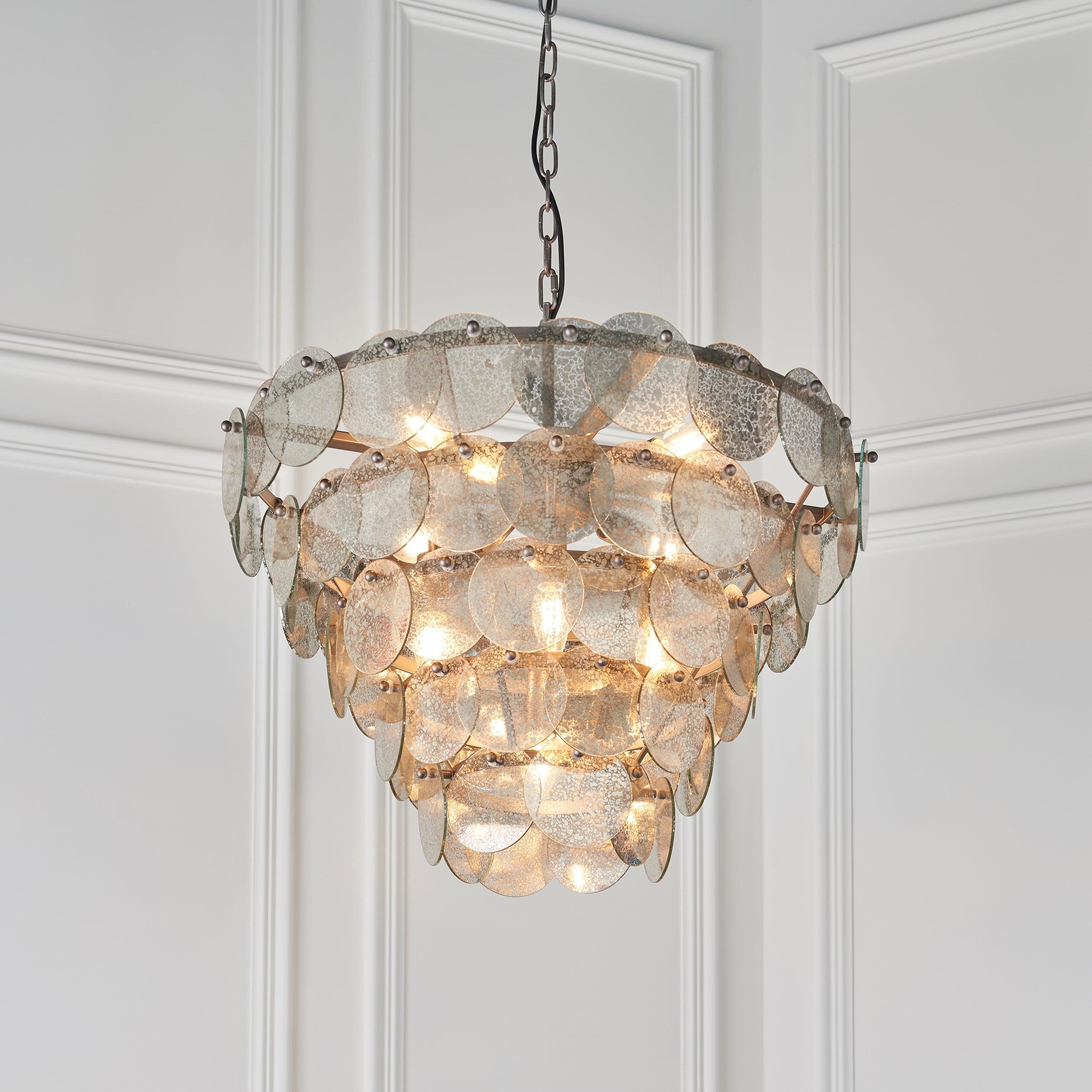 Littlehampton 9 Light Silver Pendant - Mercury Glass Discs-Ceiling Pendant Lights-Living Lights-3-Tiffany Lighting Direct