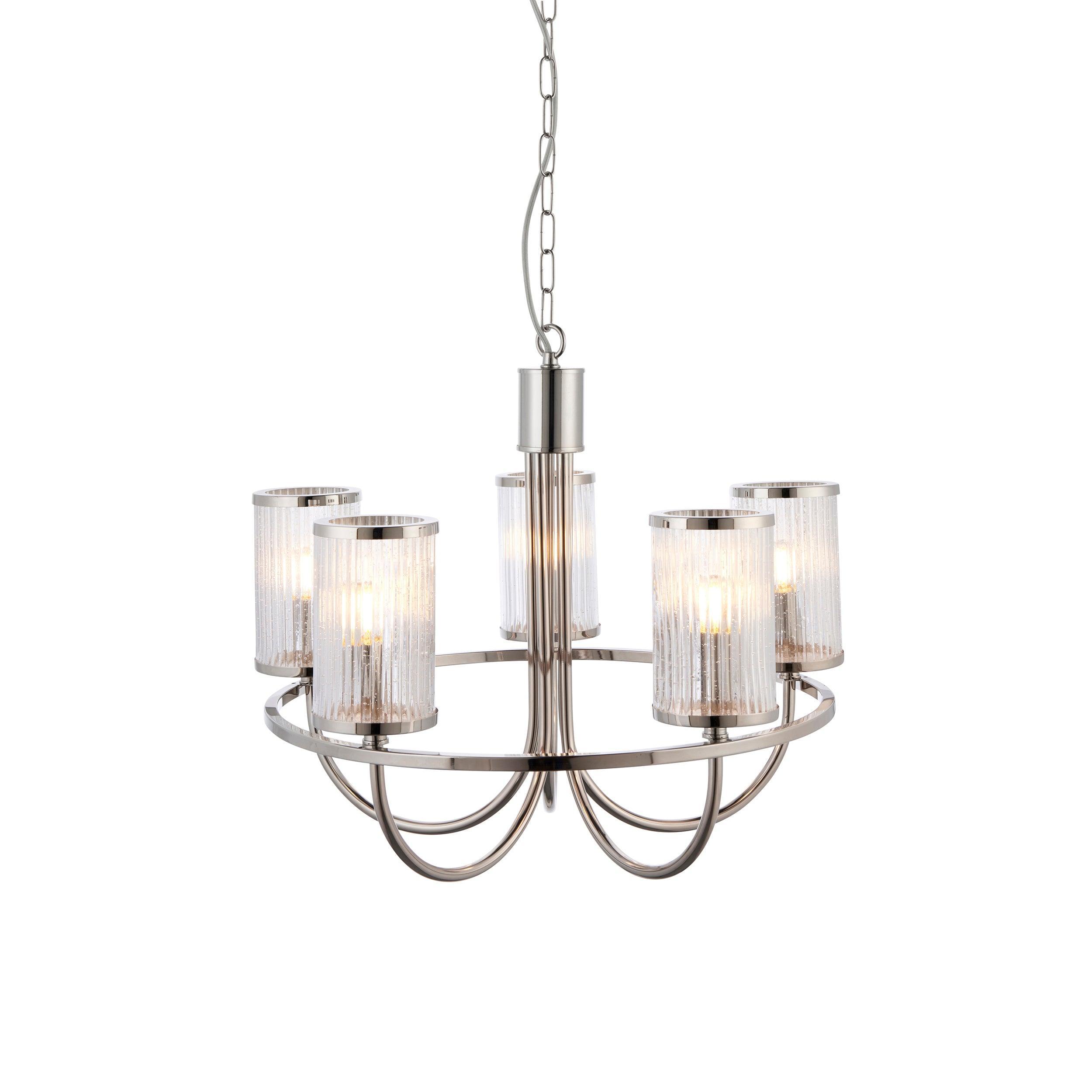 Metropolis 5 Light Nickel & Ribbed Glass Shades Pendant-Ceiling Pendant Lights-Living Lights Living Room Lighting Tiffany Lighting Direct