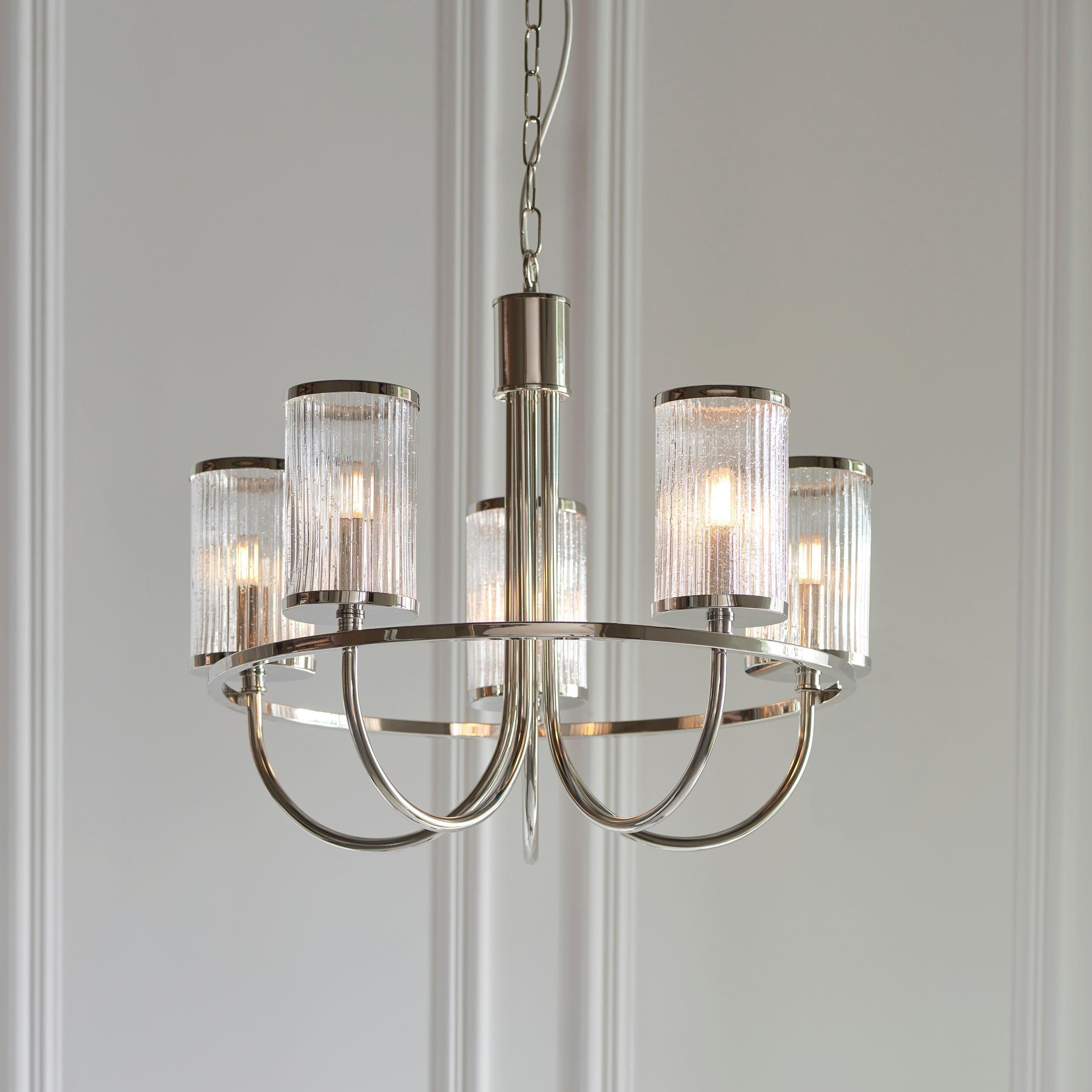 Metropolis 5 Light Nickel & Ribbed Glass Shades Pendant-Ceiling Pendant Lights-Living Lights Living Room Close Up Lighting Tiffany Lighting Direct