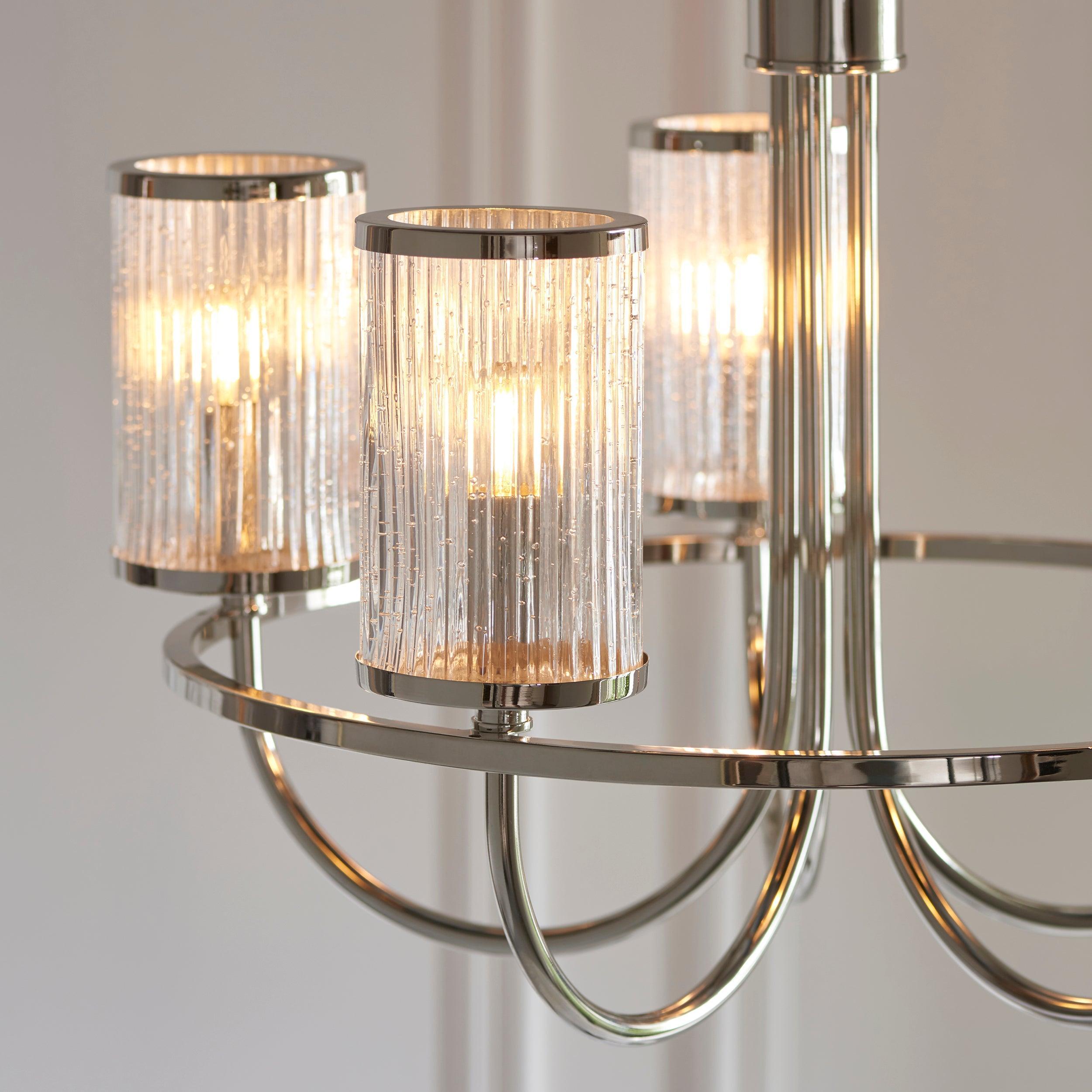 Metropolis 5 Light Nickel & Ribbed Glass Shades Pendant-Ceiling Pendant Lights-Living Lights living room close up Tiffany Lighting Direct