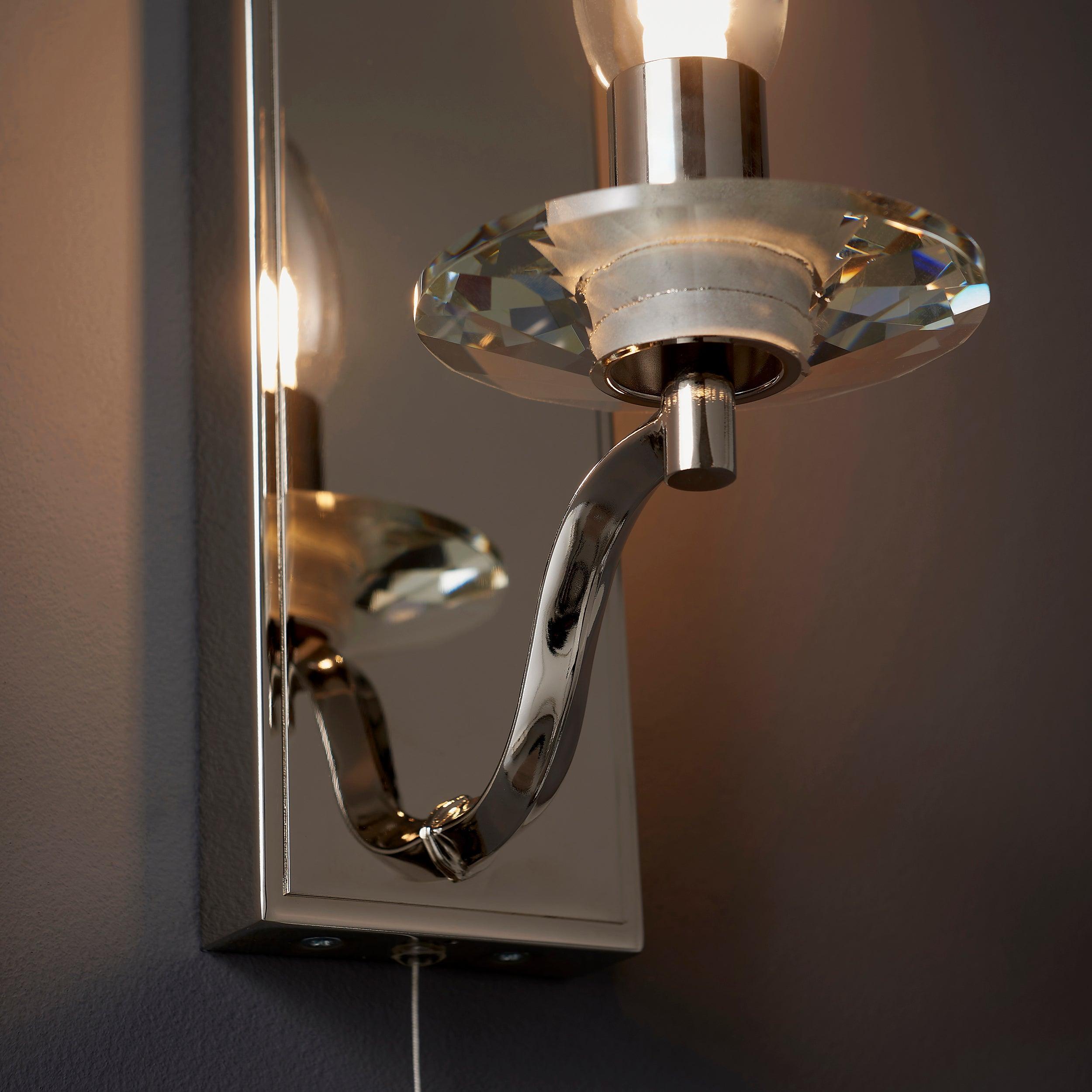 garland nickel art deco bathroom wall light pull switch by Endon Lighting Bedroom Close Up Image