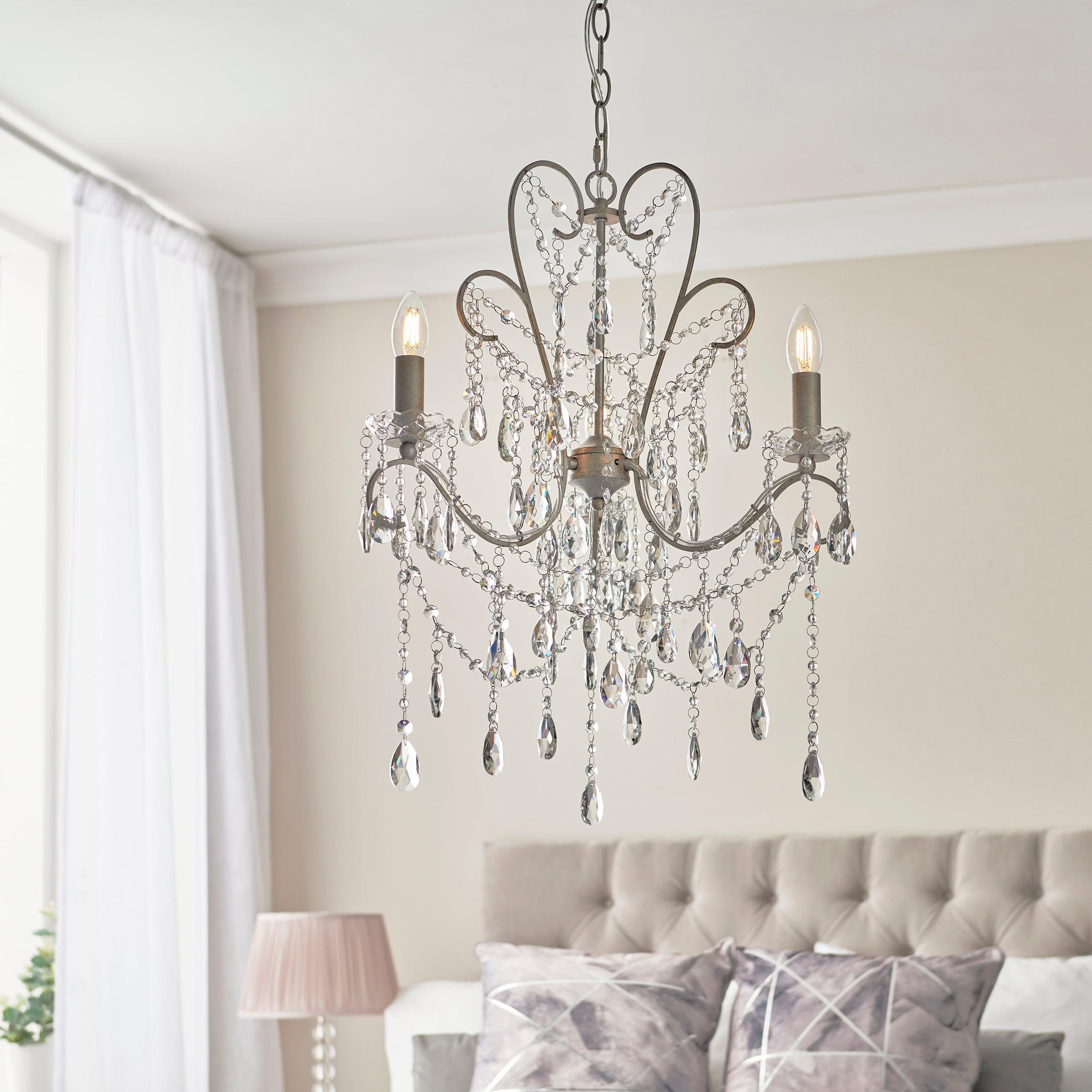 Paddington 3 Light Antique Silver Pendant With Crystal Glass-Ceiling Pendant Lights-Living Lights Living Room Close Up Lighting Tiffany Lighting Direct