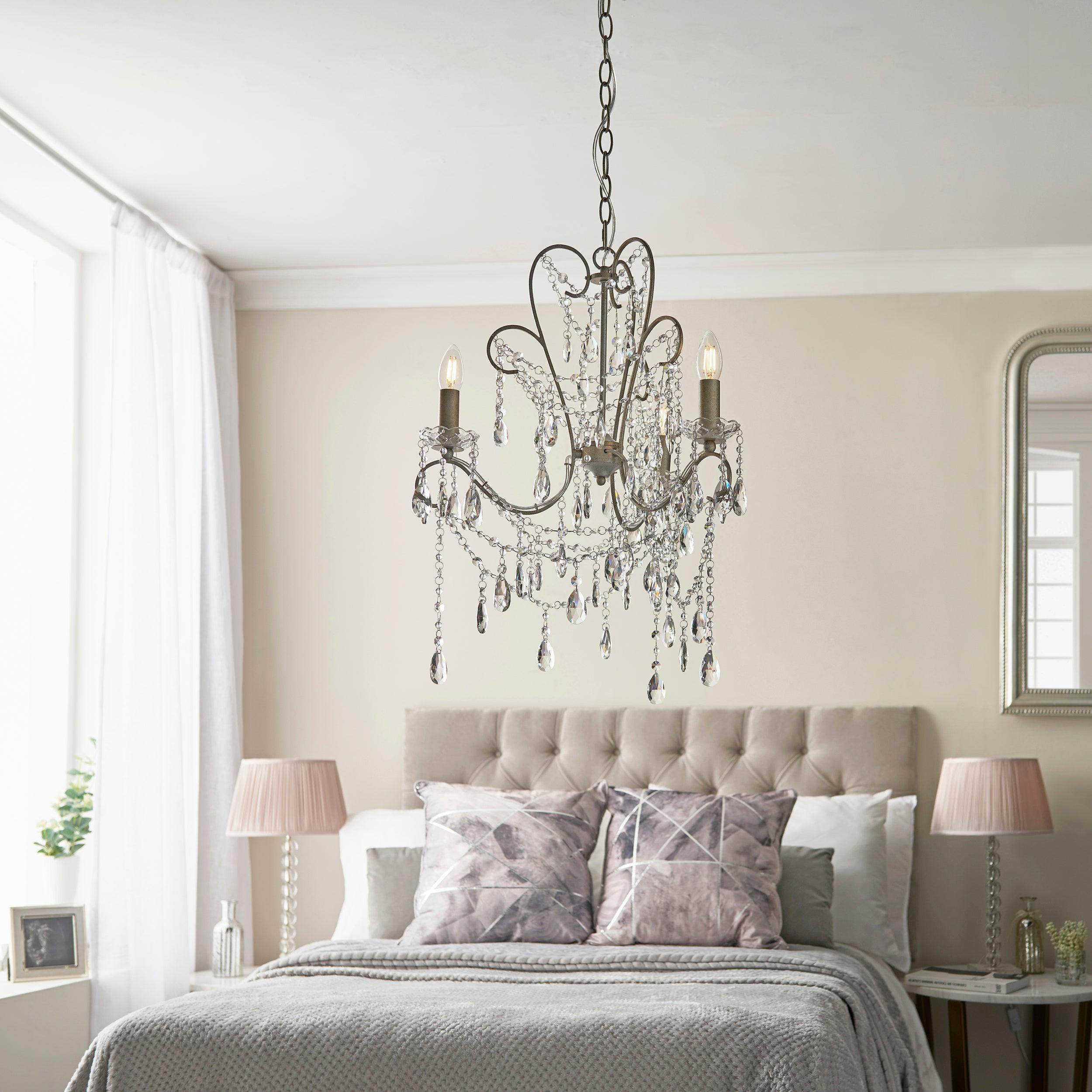 Paddington 3 Light Antique Silver Pendant With Crystal Glass-Ceiling Pendant Lights-Living Lights Living Room Wide Shot Lighting Tiffany Lighting Direct