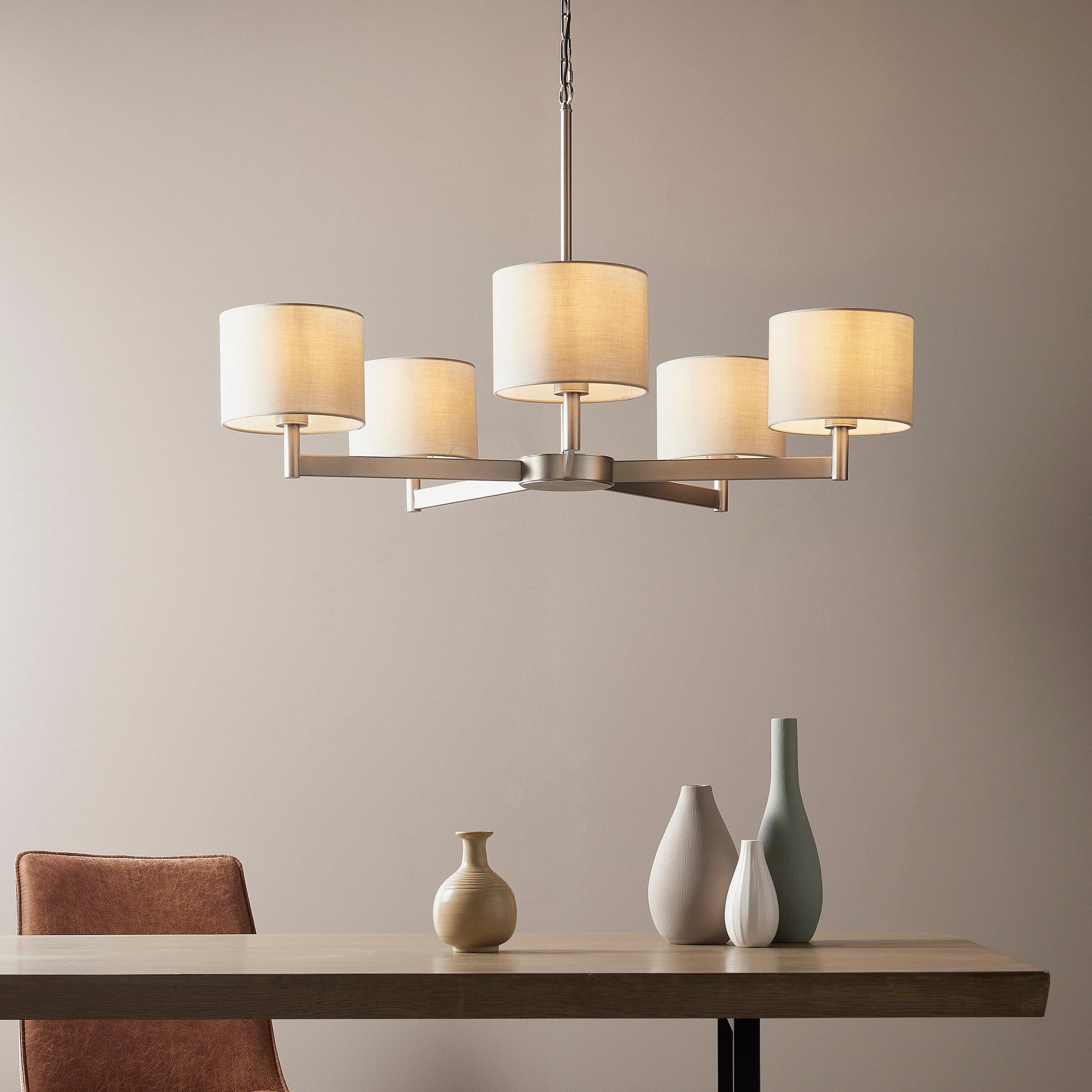 Lille Matt Nickel 5 Light Ceiling Pendant with Taupe Shades-Ceiling Pendant Lights-Living Lights-2-Tiffany Lighting Direct