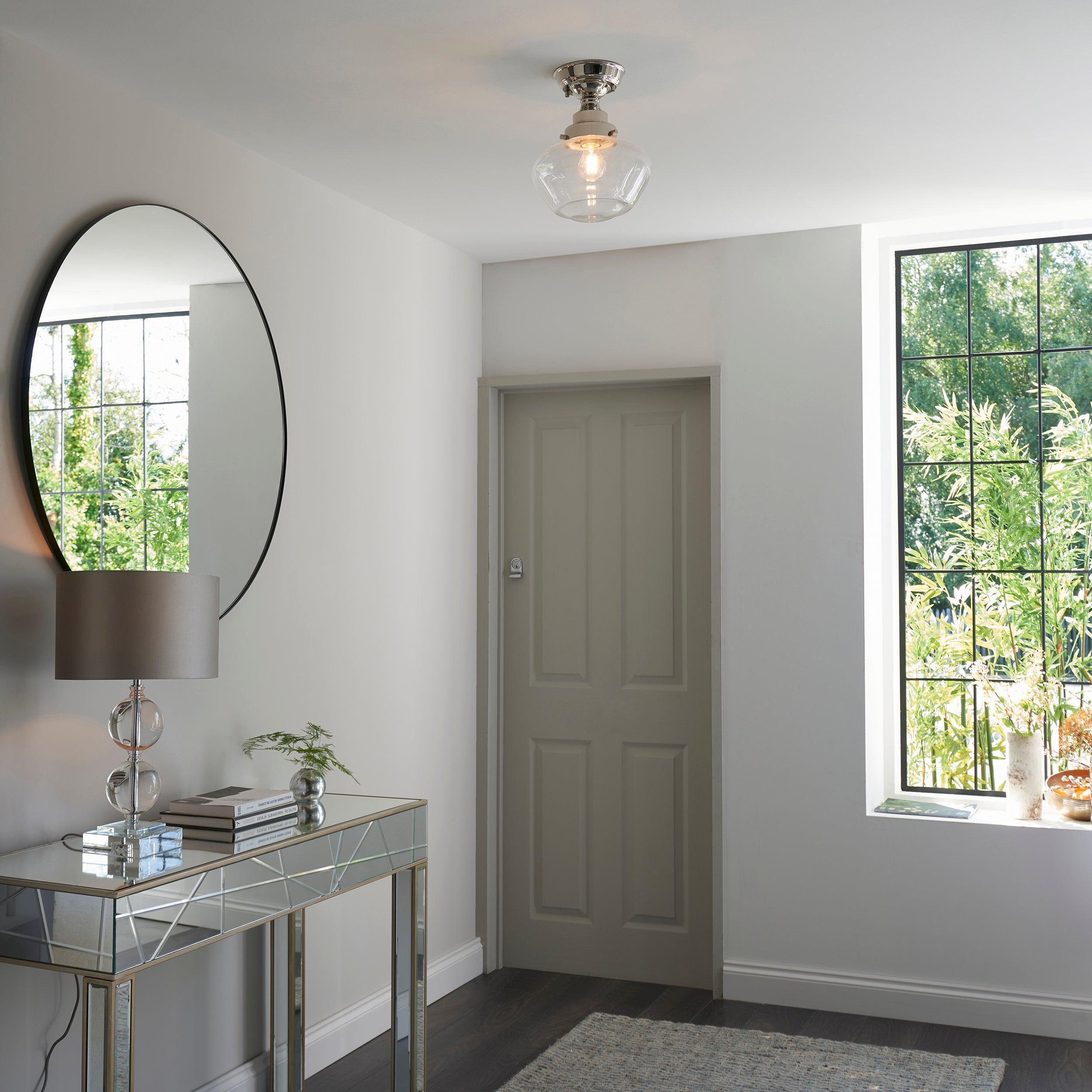 Westbourne Nickel Semi-Flush Ceiling Light - Clear Glass Shade Hallway Image