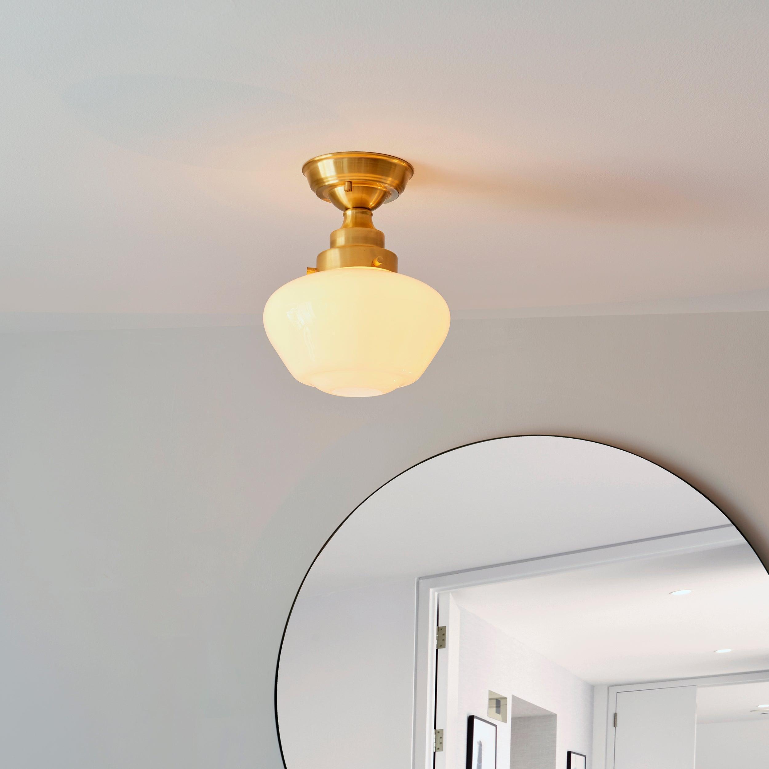 Westbourne Brass Semi-Flush Ceiling Light with Opal Glass Living room close up