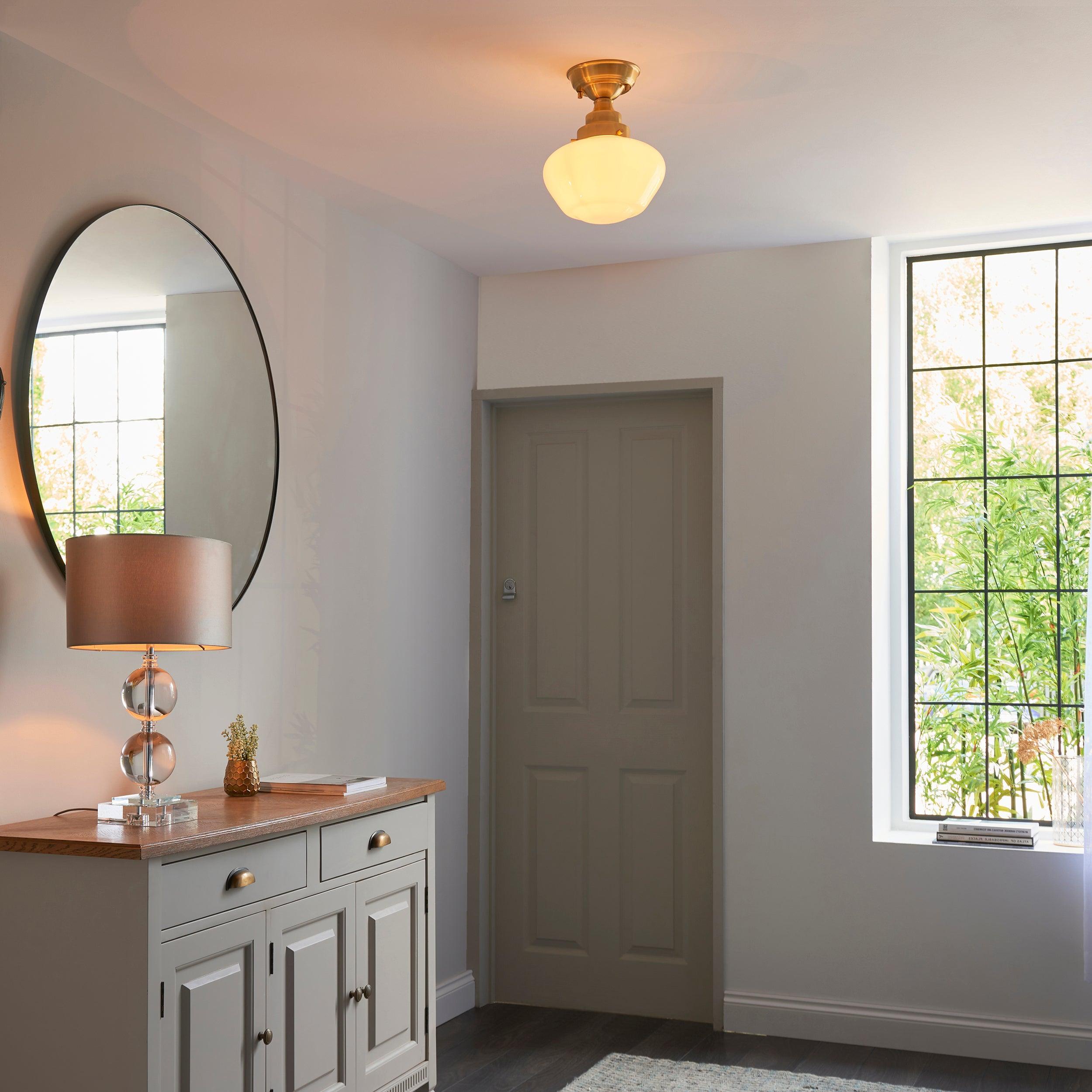 Westbourne Brass Semi-Flush Ceiling Light with Opal Glass Hallway Image