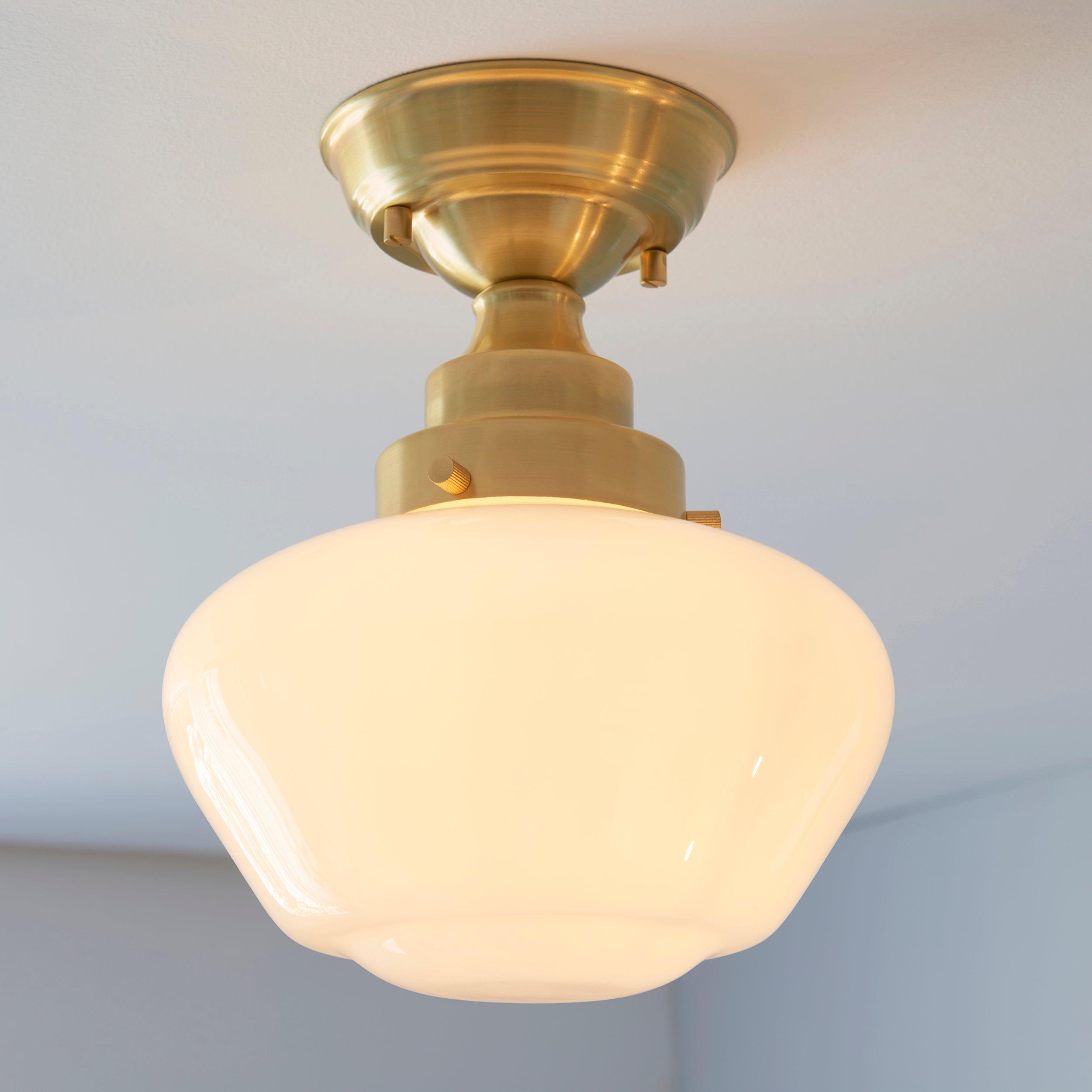 Westbourne Brass Semi-Flush Ceiling Light with Opal Glass Hallway close up