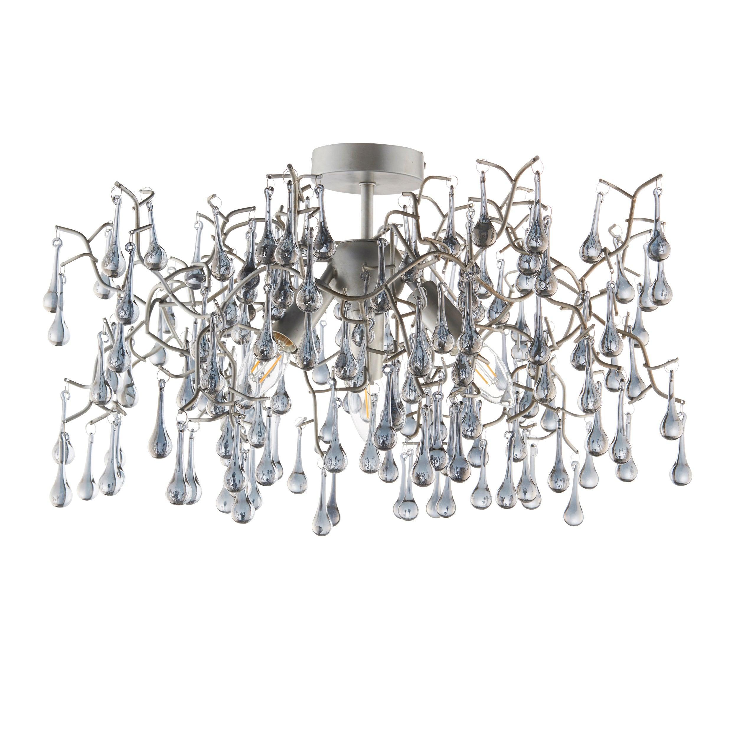 Hampshire Silver 3 Light Semi-Flush - Grey Glass Teardrops Living room weight image