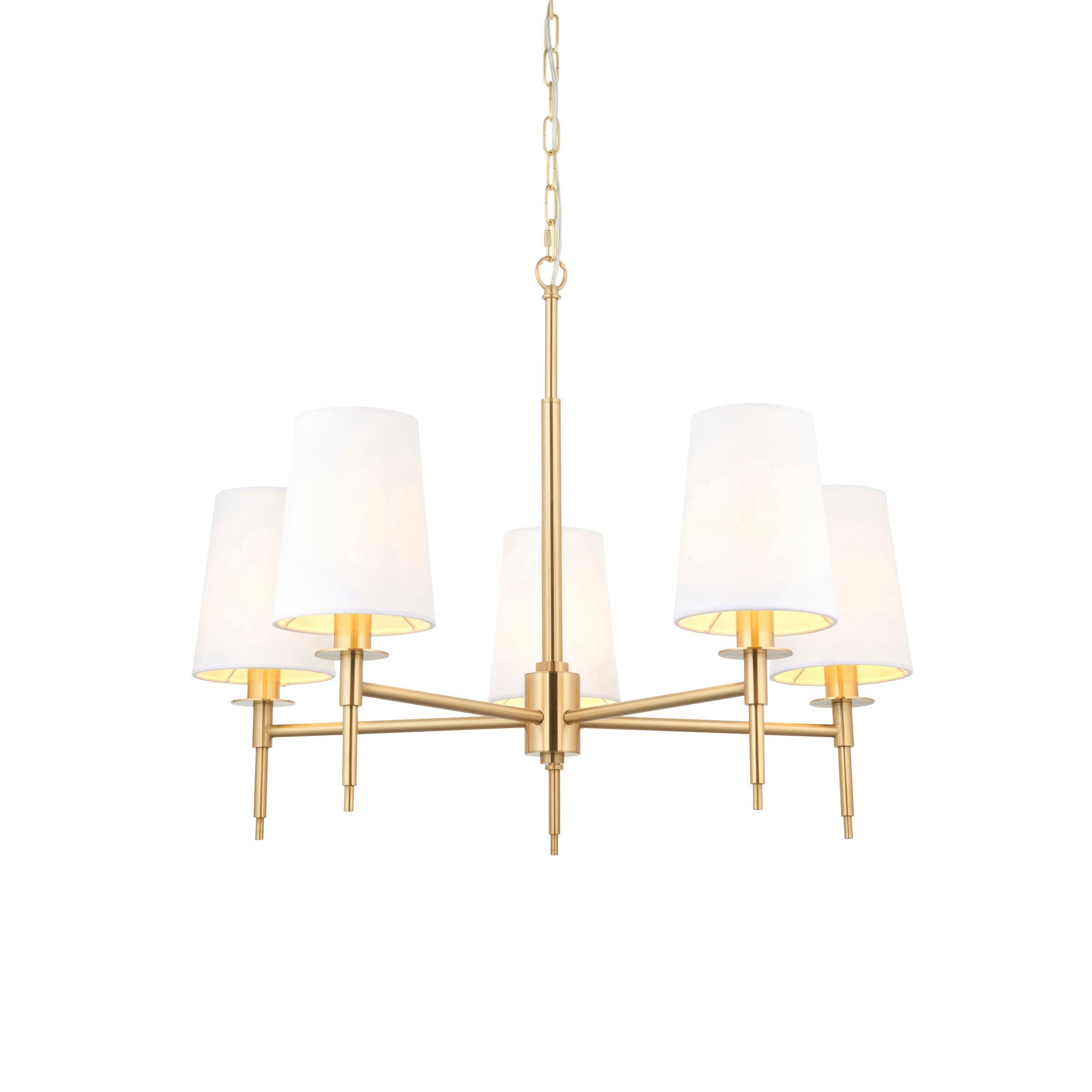 Kensington 5 Light Brass Pendant With White Tapered Shades-Ceiling Pendant Lights-Living Lights-1-Tiffany Lighting Direct