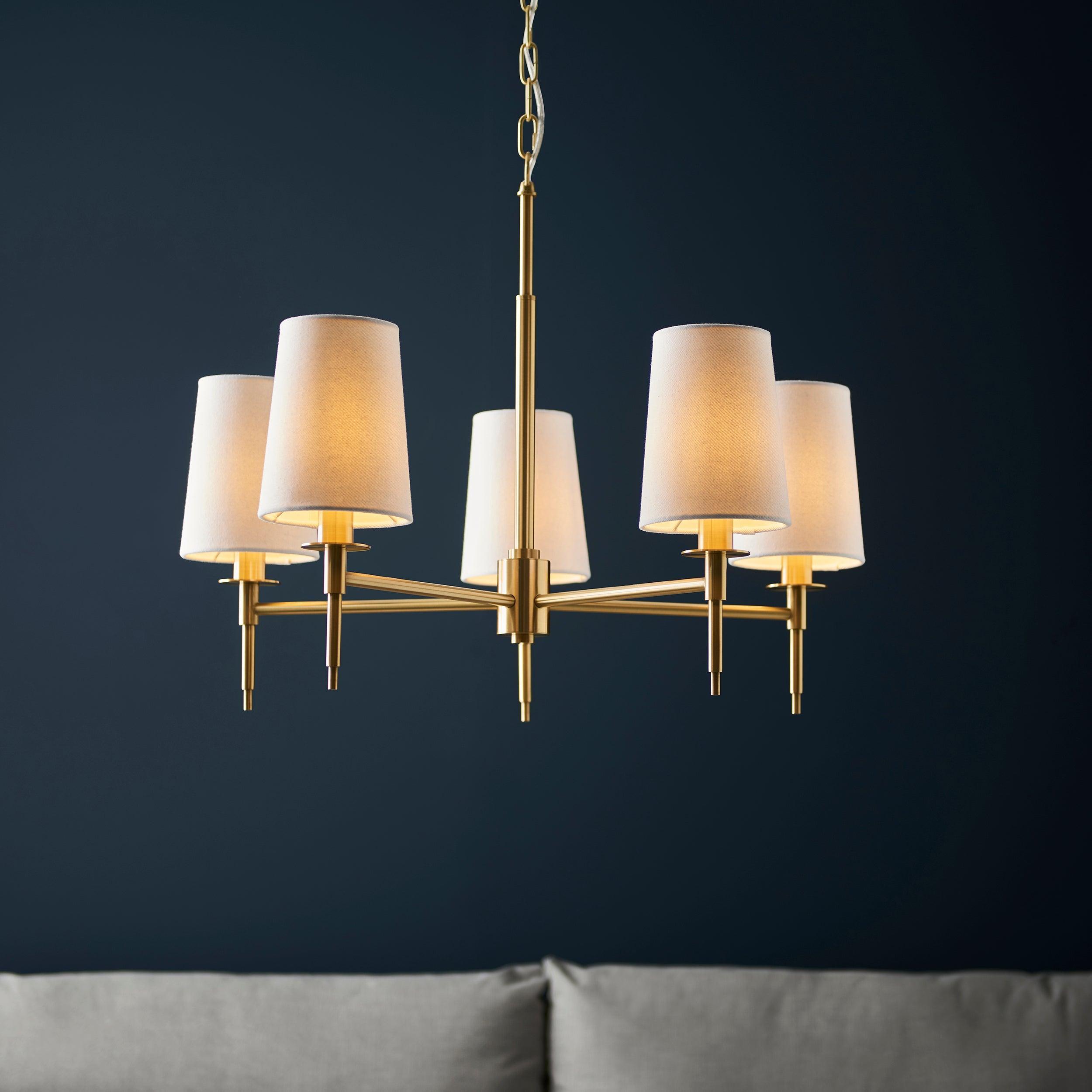Kensington 5 Light Brass Pendant With White Tapered Shades-Ceiling Pendant Lights-Living Lights-2-Tiffany Lighting Direct