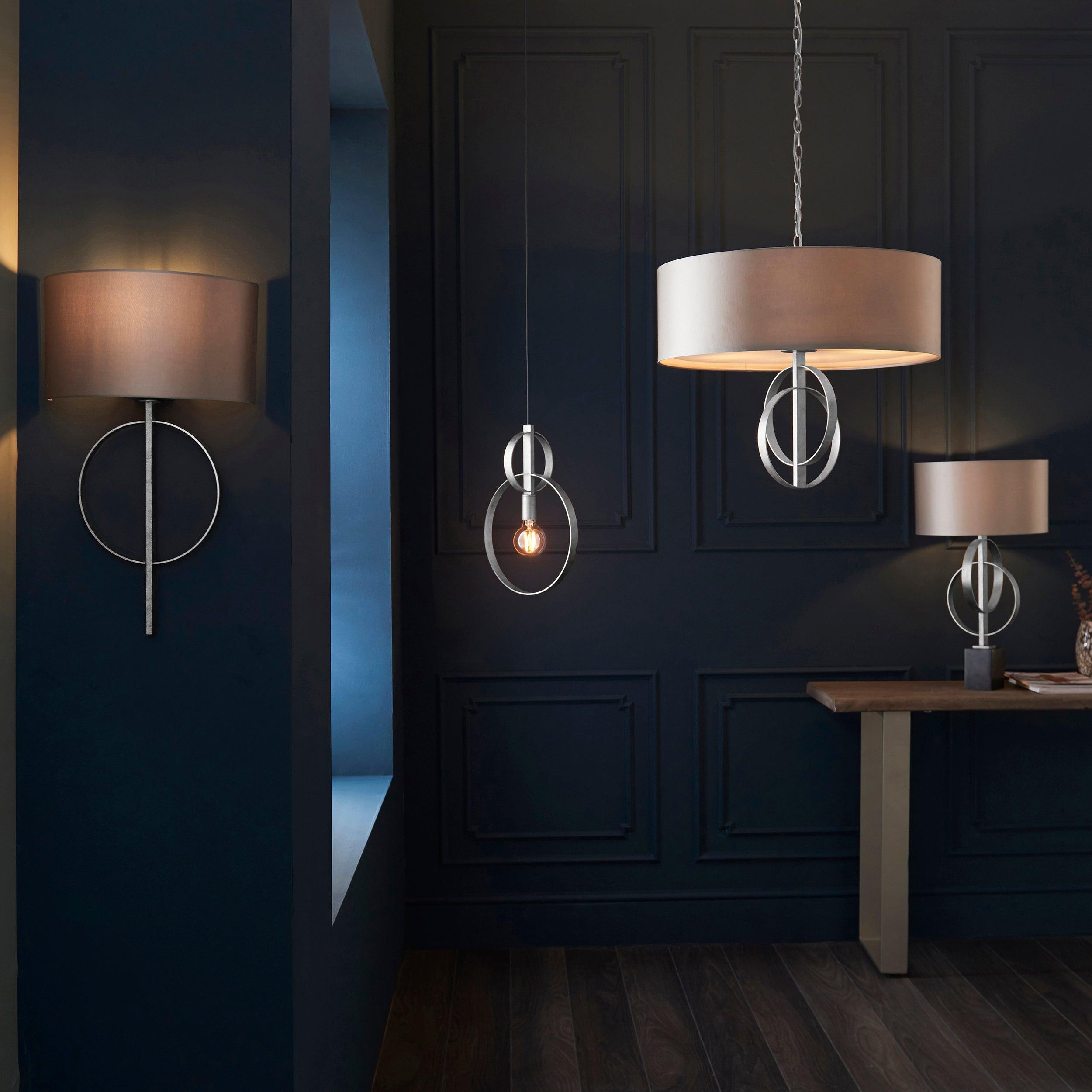 norfolk silver wall light with mink half shade Close Up Lit Image