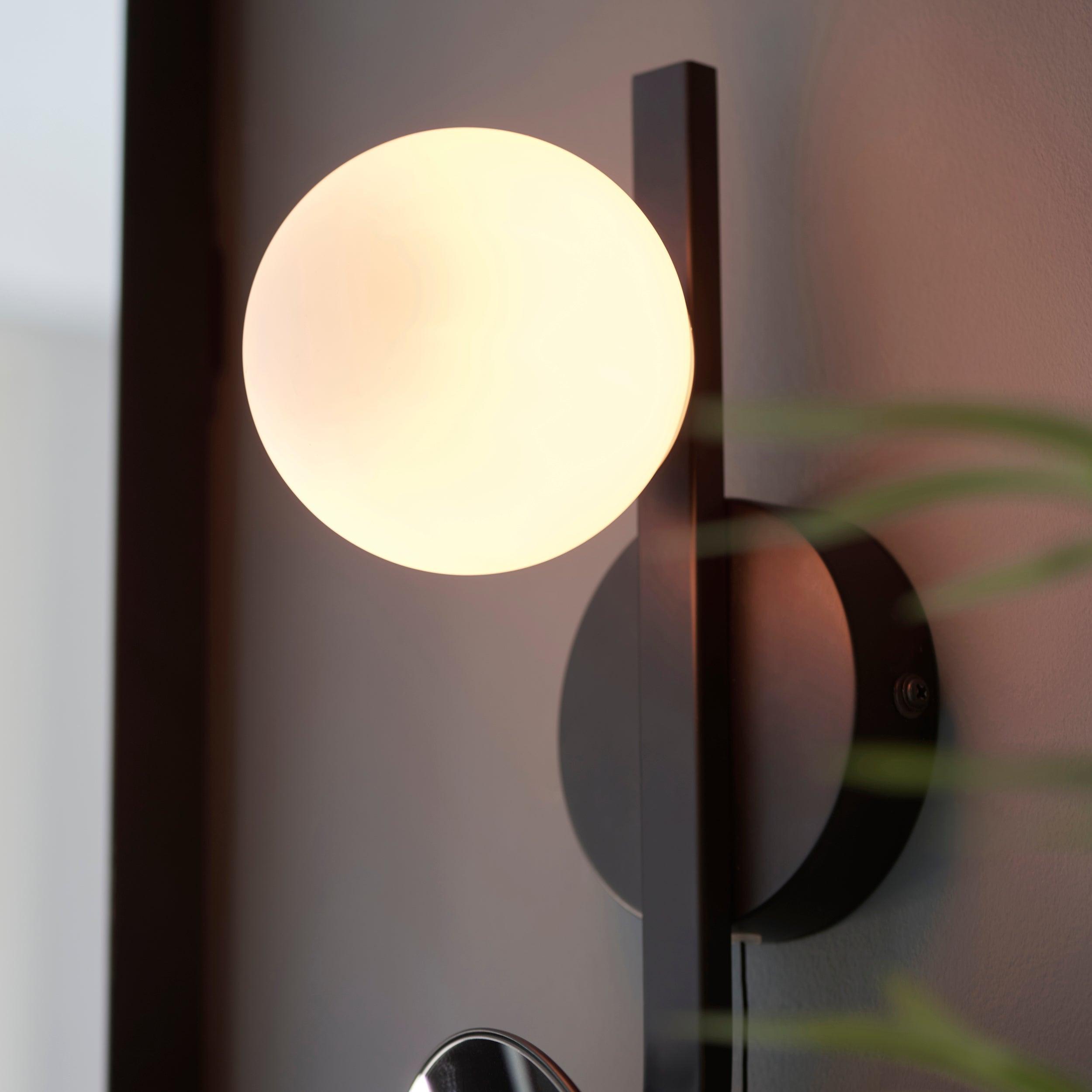 prendle black bathroom wall light with mirror Close Up Lit Image