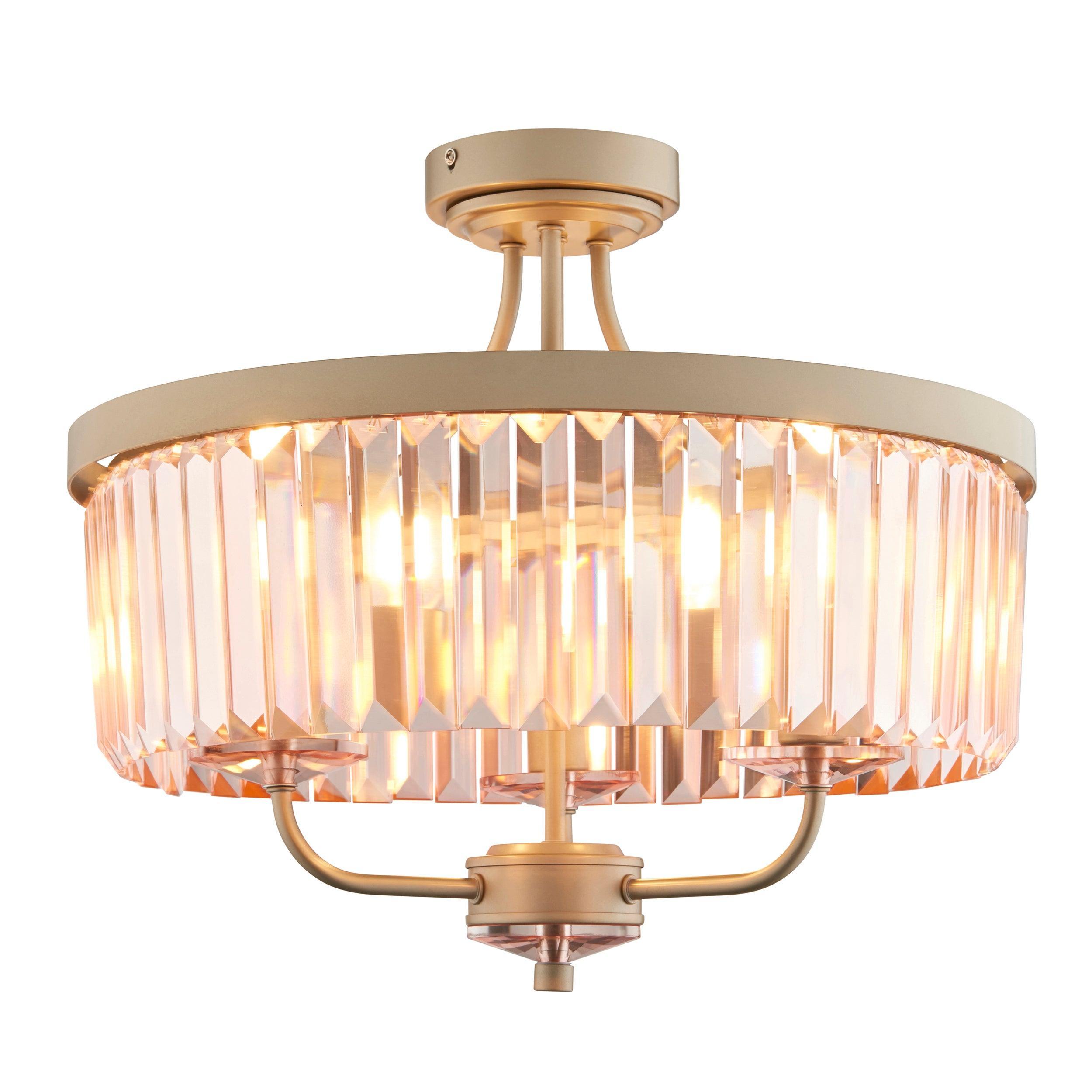 Ealing 3 Light Round Champagne & Pink Cut Glass Semi Flush Living room Image