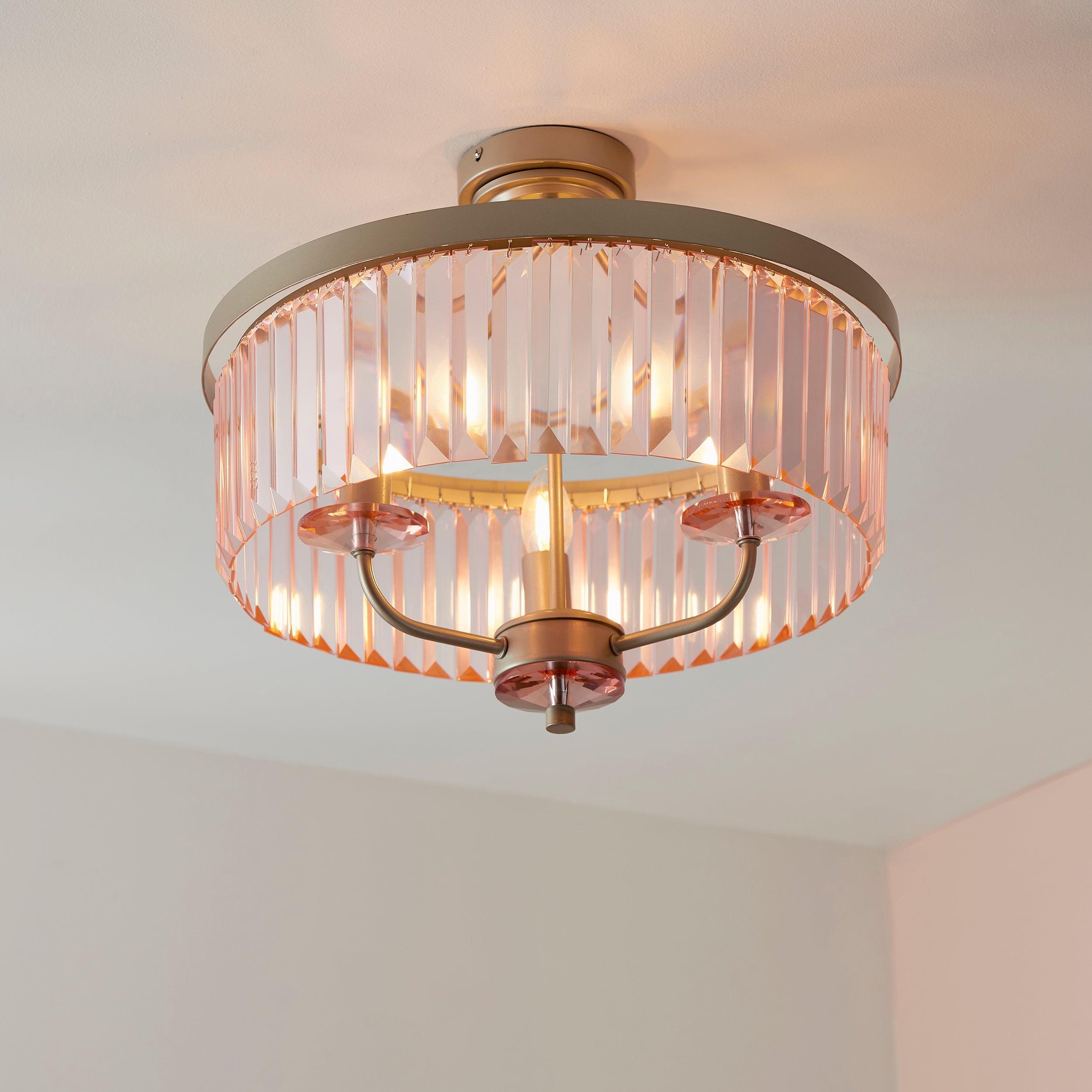 Ealing 3 Light Round Champagne & Pink Cut Glass Semi Flush Hallway close up