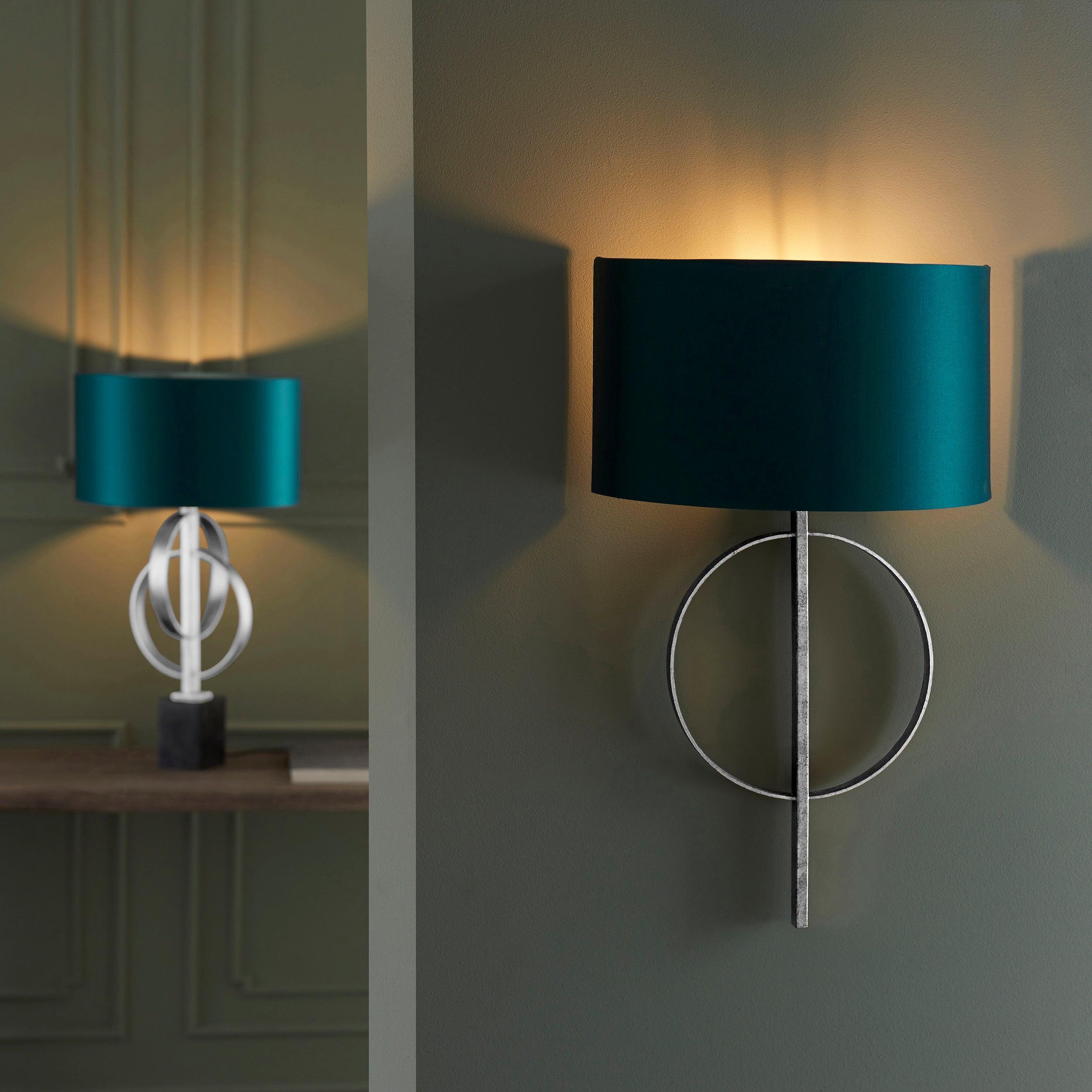 norfolk silver wall light with teal half shade Close Up Lit Image