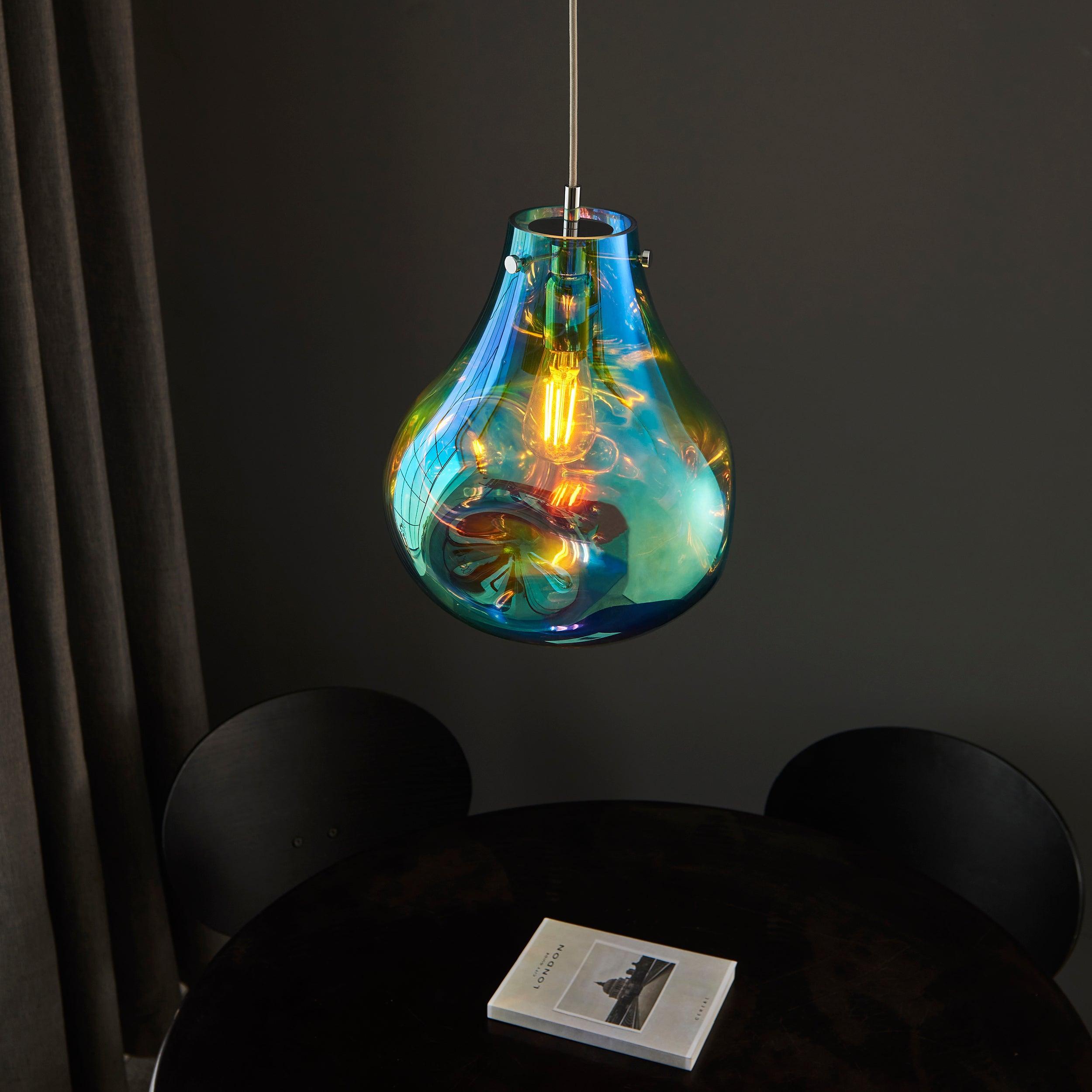 Dazzle Large Blown Petrol Glass & Chrome Pendant Light-Ceiling Pendant Lights-Living Lights-6-Tiffany Lighting Direct