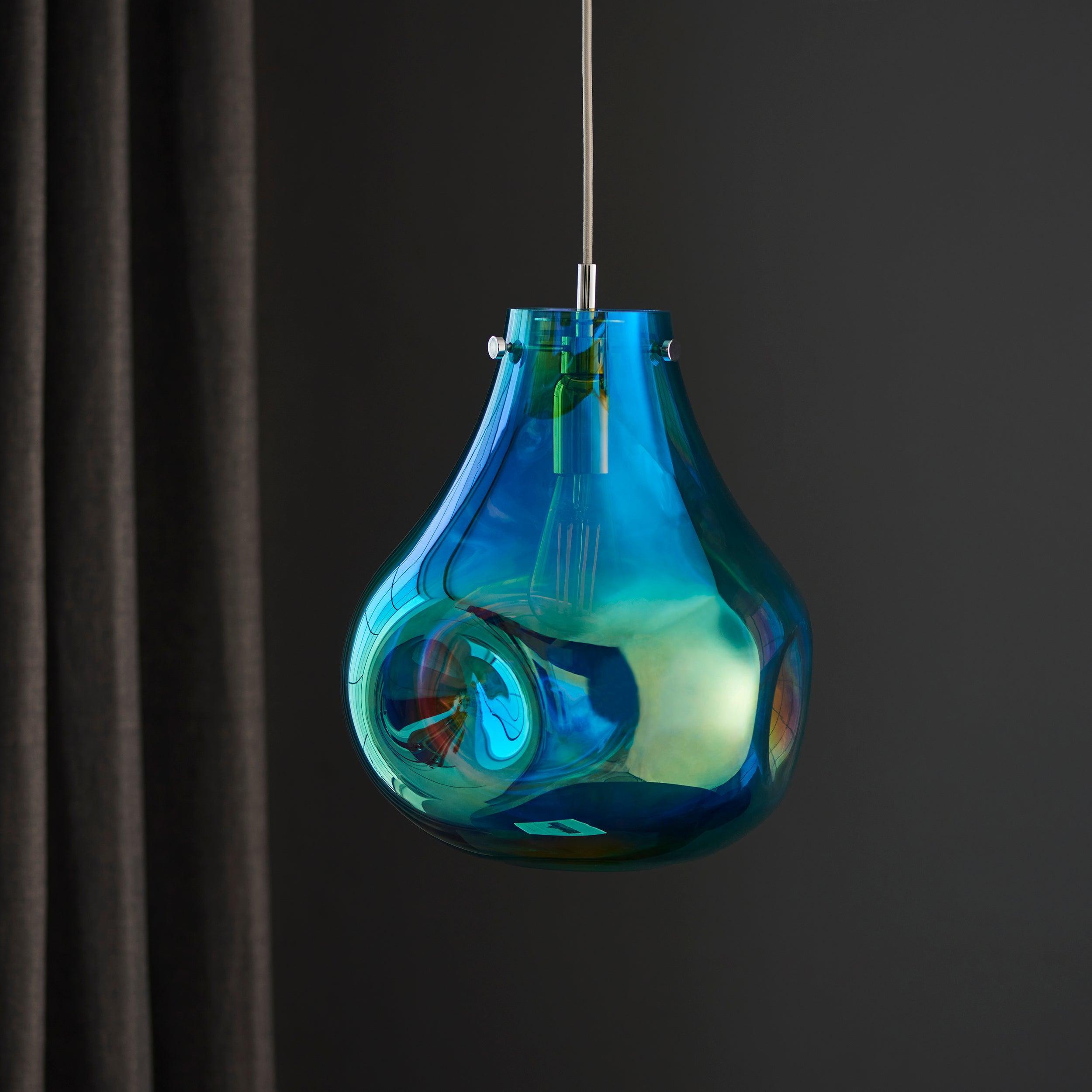Dazzle Large Blown Petrol Glass & Chrome Pendant Light-Ceiling Pendant Lights-Living Lights-8-Tiffany Lighting Direct