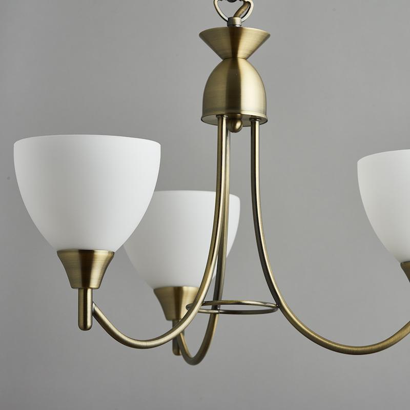 Art Deco Ceiling Light - Alton 3 Arm Antique Brass Finish Pendant Ceiling Light 1805-3AN close up dark