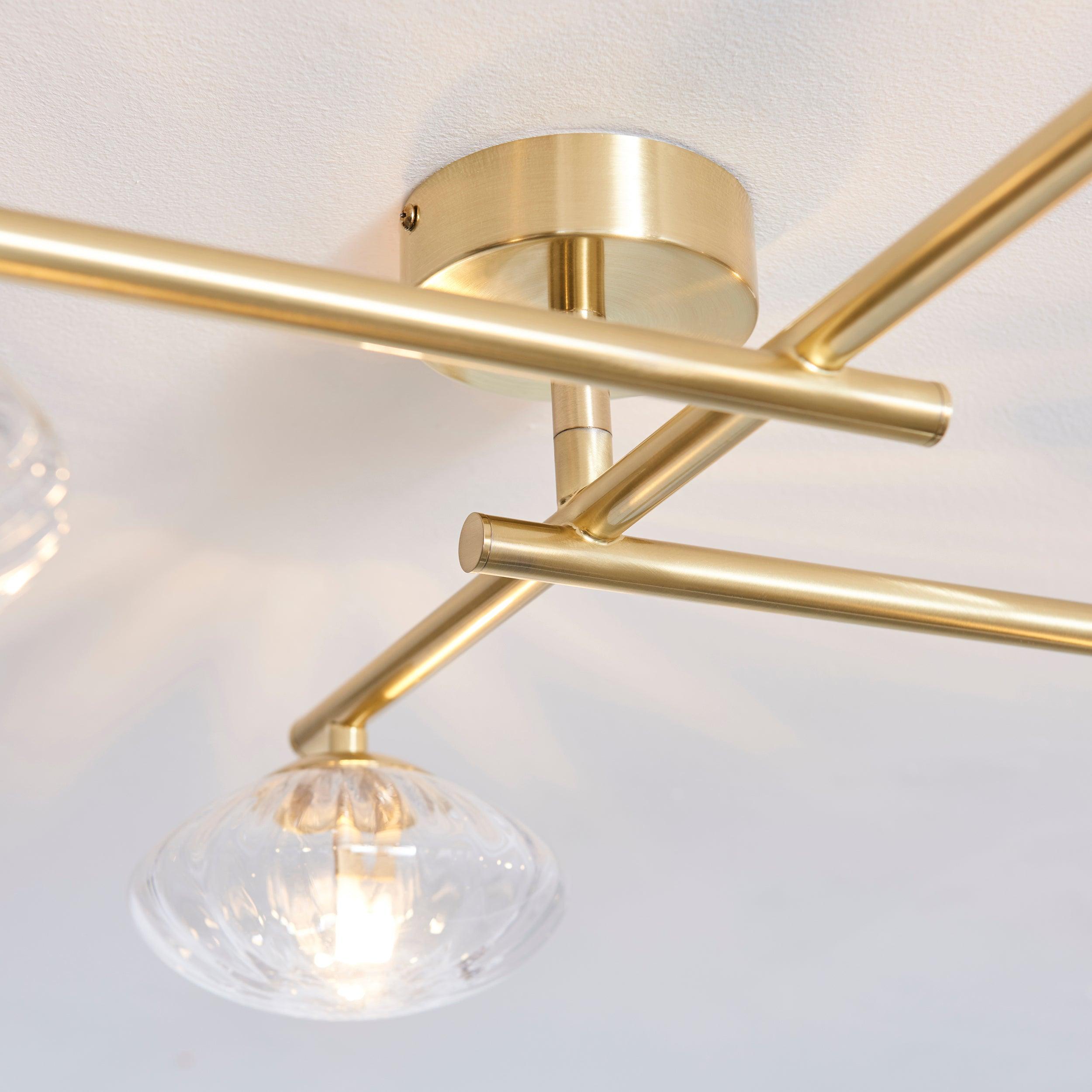 trocadero 5 light brass bathroom semi flush glass shades Close Up Lit Image