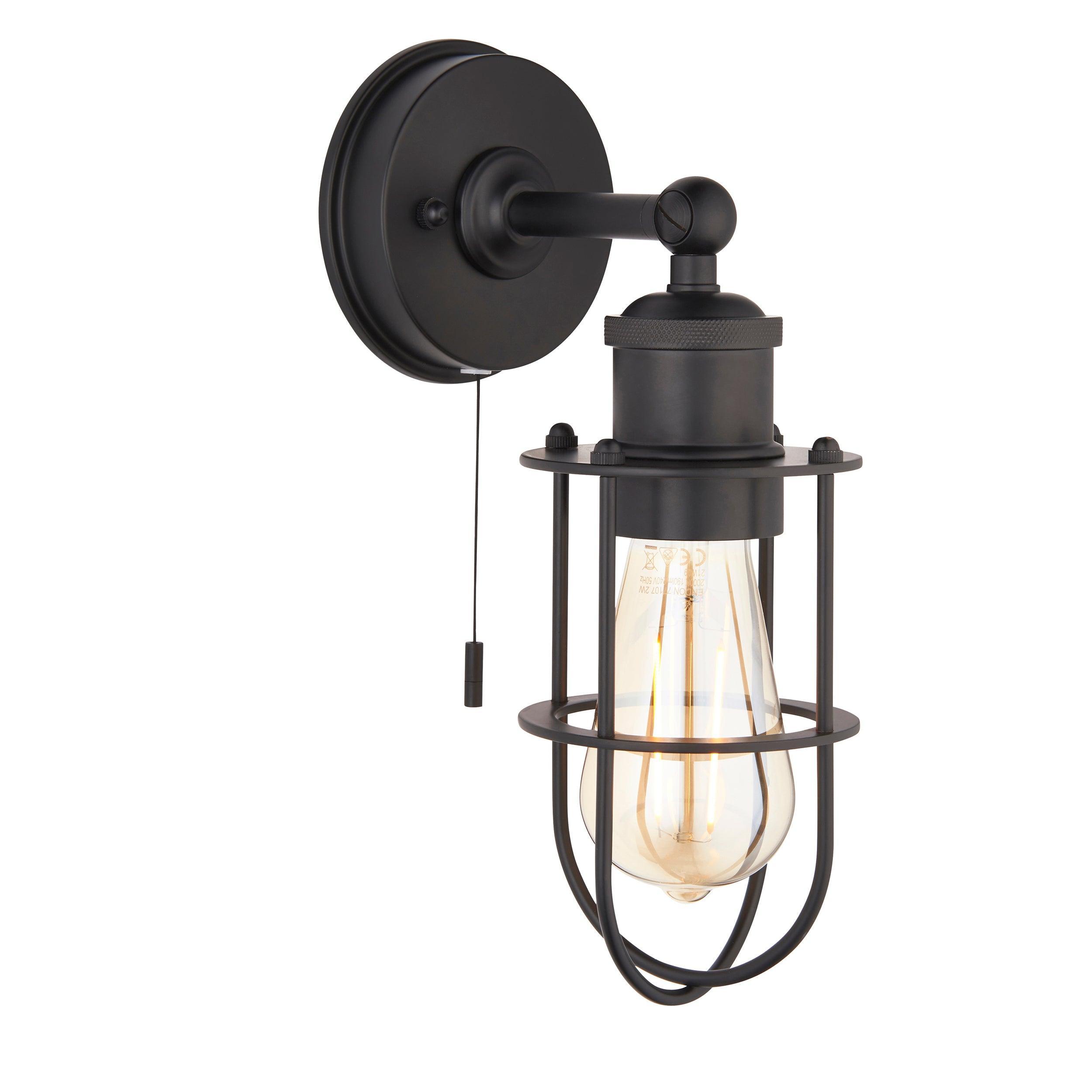 Weston Black Caged Bathroom Wall Light - Pull Cord