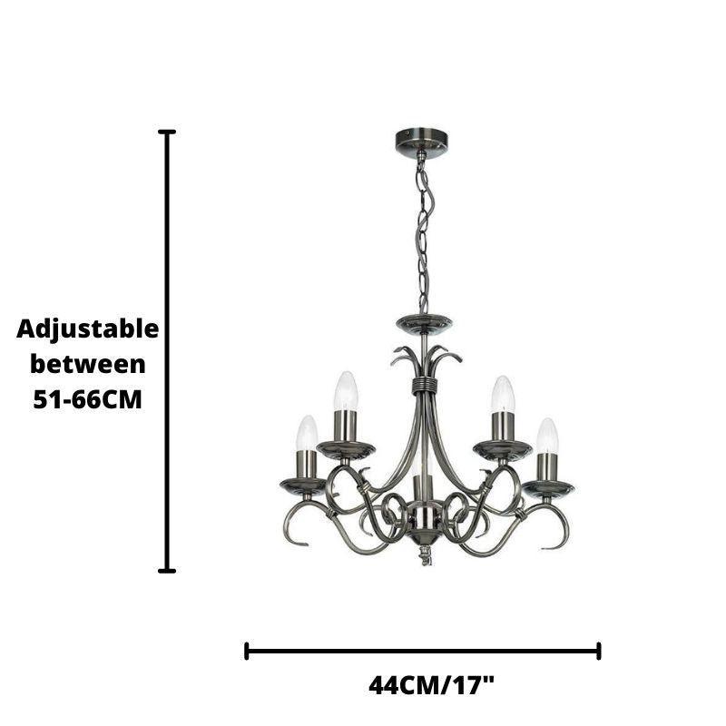 Bernice Antique Silver Finish 5 Light Chandelier size guide