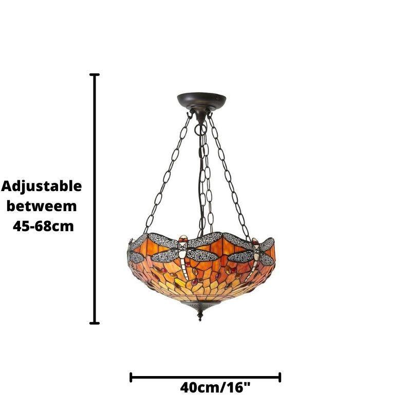 flame dragonfly medium tiffany 3 light inverted pendant light adj chain 64076 unlit close up image