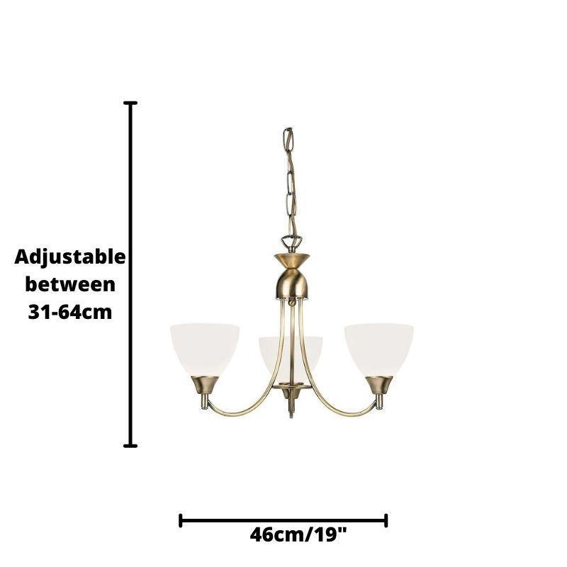 Endon Alton 3 Arm Antique Brass Pendant Ceiling Light-Ceiling Pendant Lights-Endon Lighting Living room light close up 4 Tiffany Lighting Direct