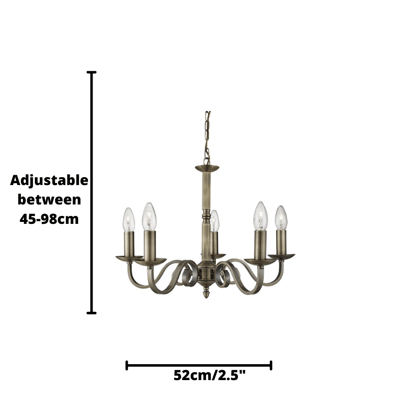 Richmond 5 Light/Scroll Arm Antique Brass Chandelier-5-Tiffany Lighting Direct