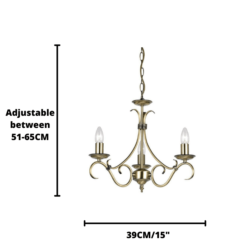 Endon Bernice Antique Brass Finish 3 Light Chandelier-Endon Lighting Living Room Wide Shot Lighting Tiffany Lighting Direct