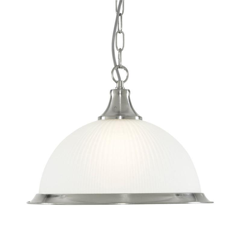 Art Deco Ceiling Lights - Searchlight American Diner Satin Silver Finish And Acid Ribbed Glass Pendant Ceiling Light 1044