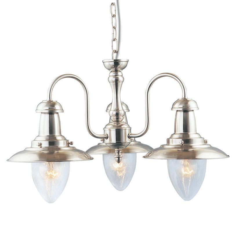 Art Deco Ceiling Lights - Searchlight Fisherman Satin Silver Finish And Seeded Glass 3 Light Pendant Ceiling Light