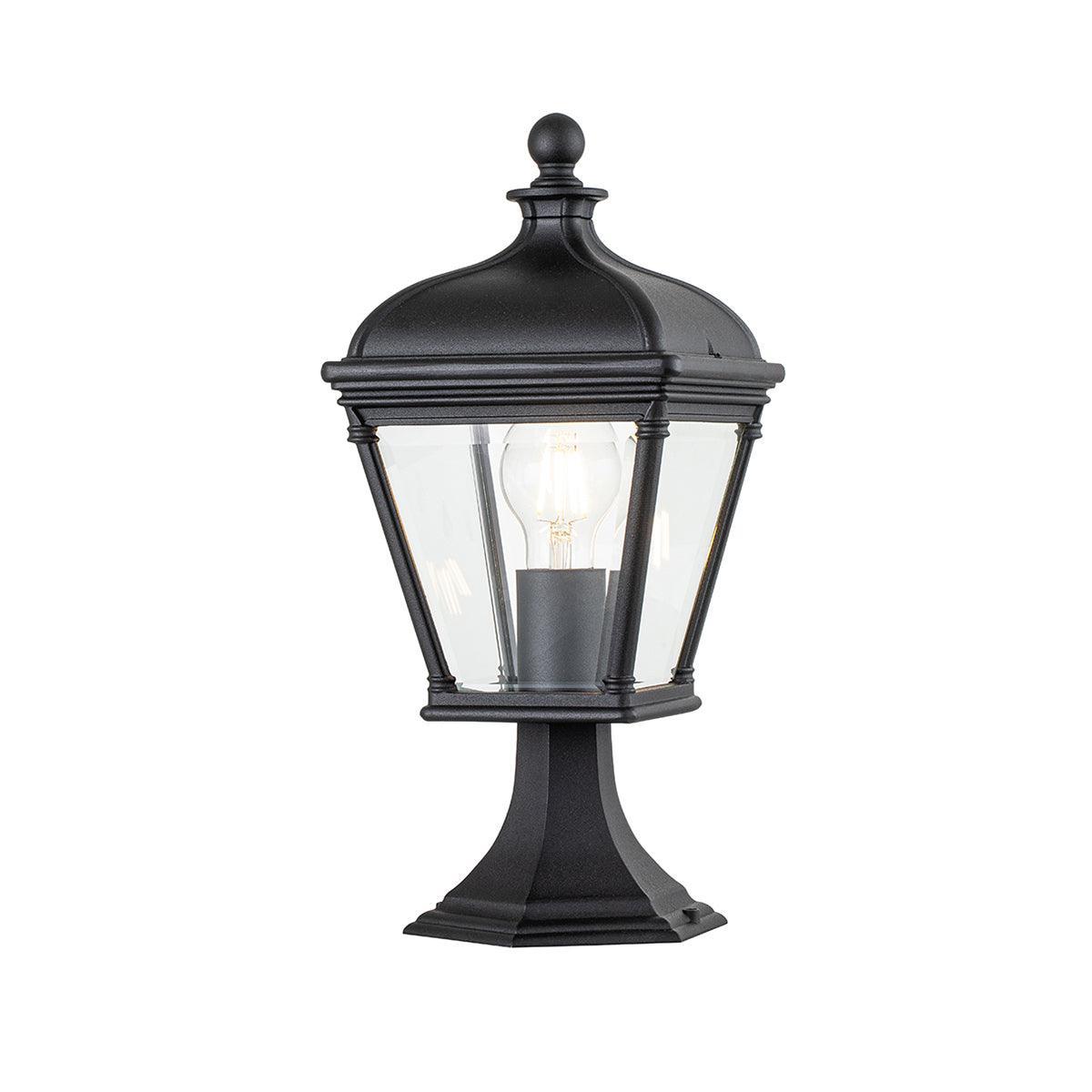 elstead bayview medium black outdoor pedestal lantern