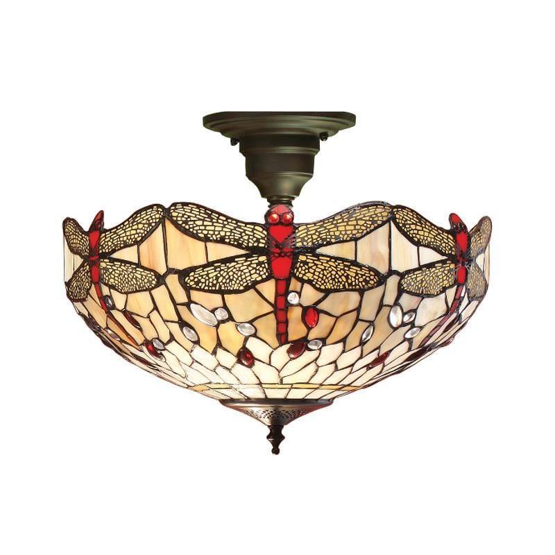 Beige Dragonfly Semi Flush Tiffany Ceiling Light by Interiors 1900