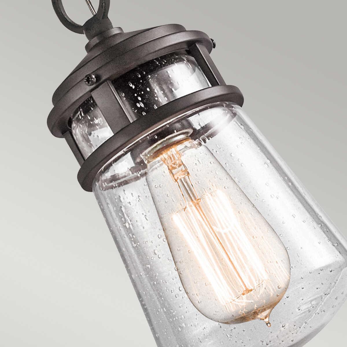 elstead lyndon architectural bronze finish small outdoor pendant lantern Close Up LED Bulb