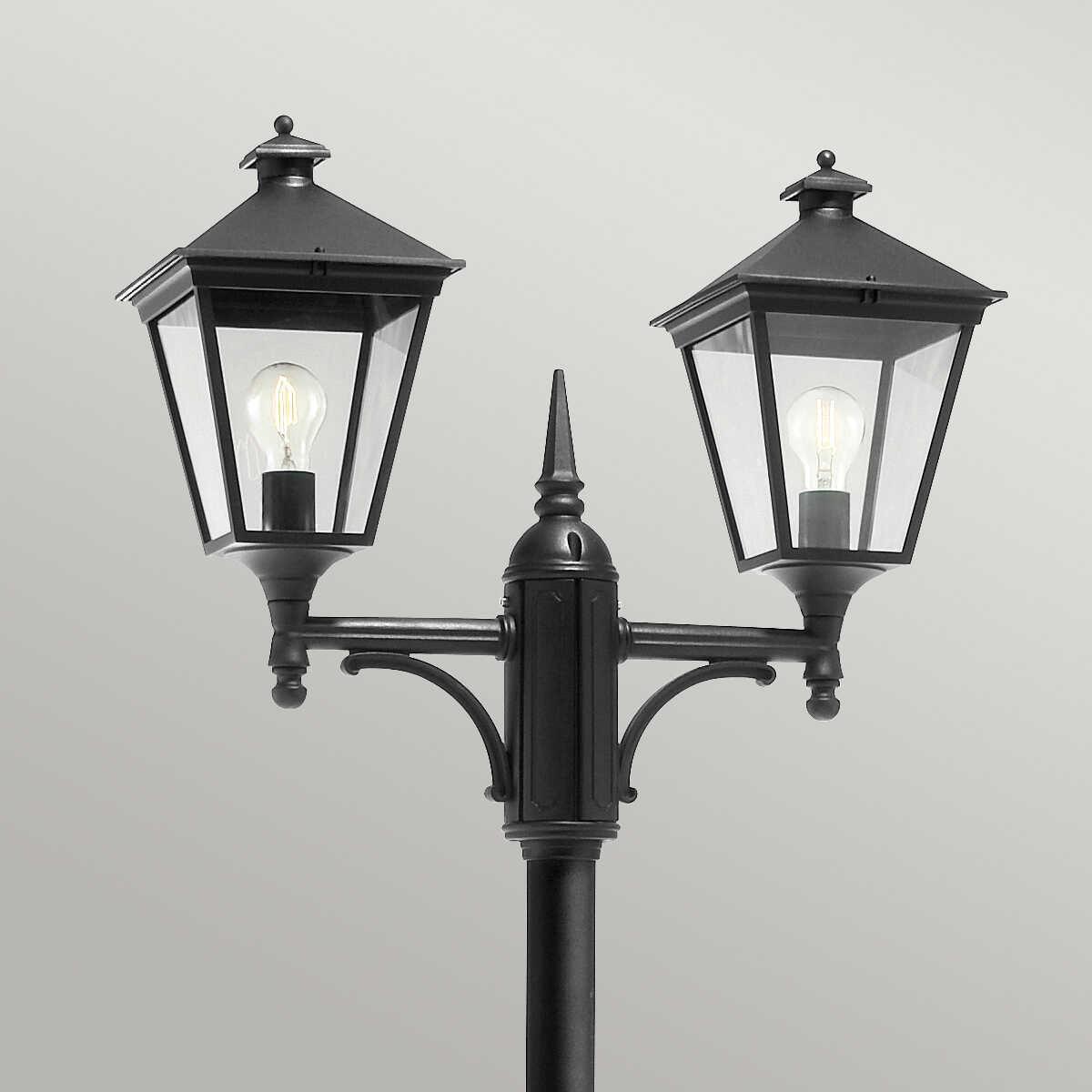 elstead turin black finish outdoor twin arm lamp post Detailed Close Up