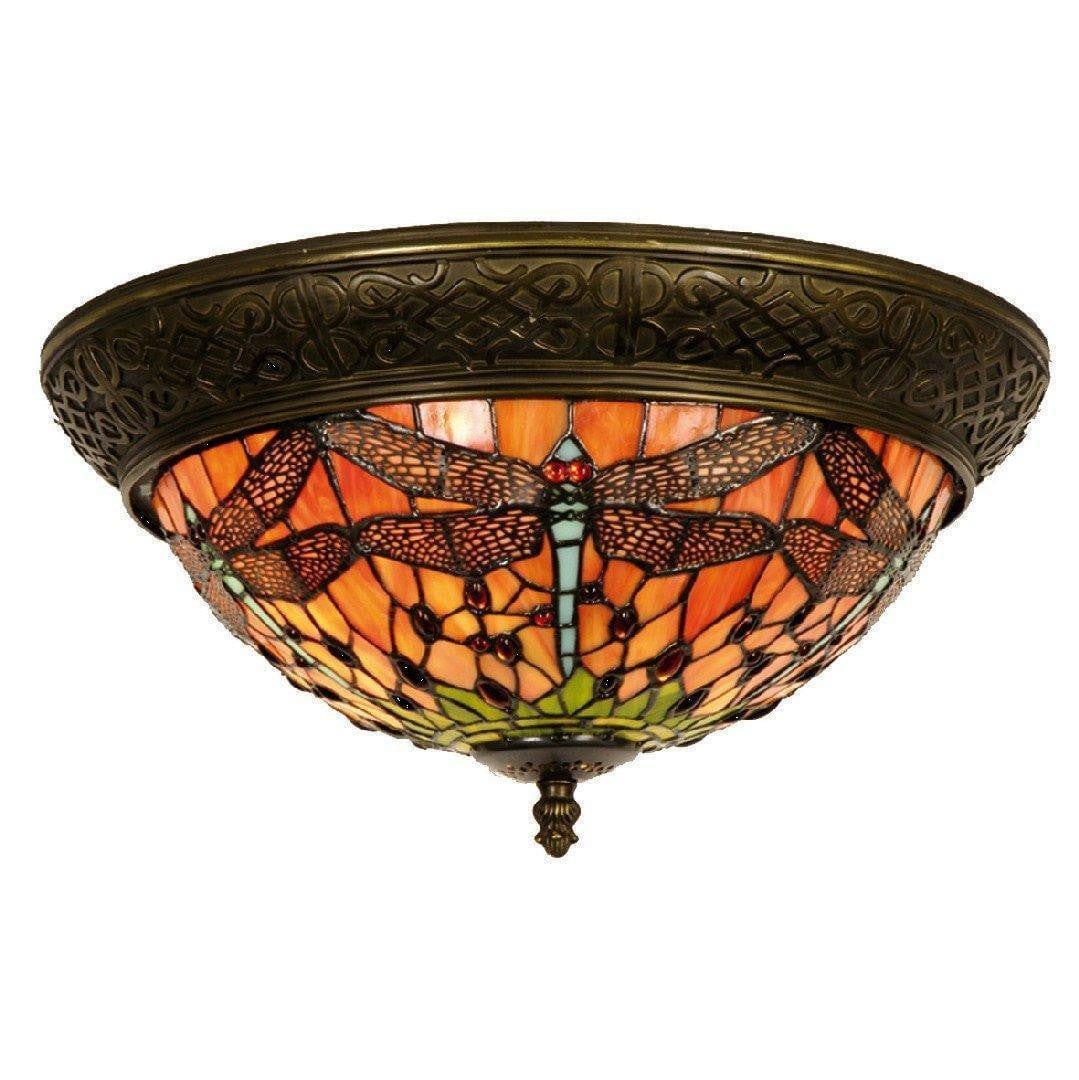 Tiffany Ceiling Flush & Semi Flush Lights - Flame Dragonfly Medium Tiffany 2 Light Flush Ceiling Light