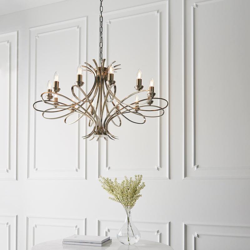 penn 12 light brass chandelier living room below shot