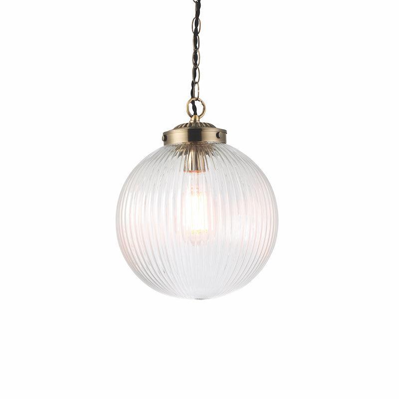 Brydon 1 Light Pendant Ribbed Glass & Antique Brass - 25cm-Ceiling Pendant Lights-Endon Lighting Bedrooom Lighting Wide ImageTiffany Lighting Direct