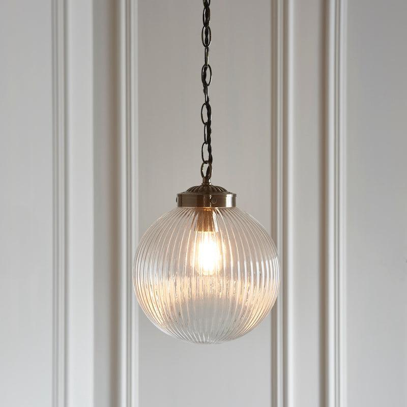 Brydon 1 Light Pendant Ribbed Glass & Antique Brass - 25cm-Ceiling Pendant Lights-Endon Lighting Living Room Wide Shot Lighting Tiffany Lighting Direct