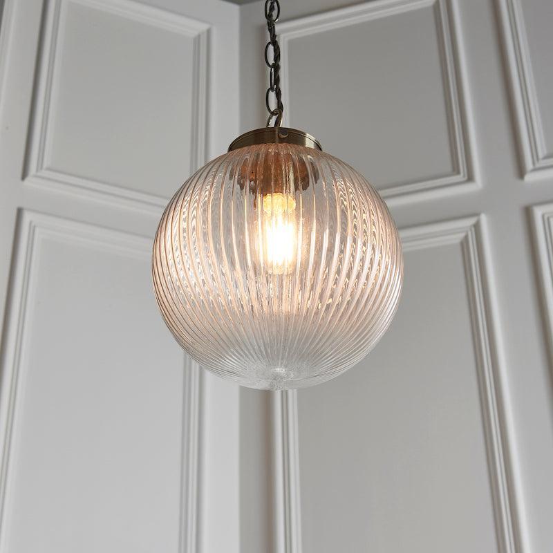 Brydon 1 Light Pendant Ribbed Glass & Antique Brass - 25cm-Ceiling Pendant Lights-Endon Lighting living room close. up unlit Tiffany Lighting Direct