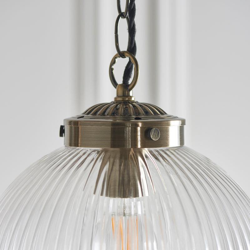 Brydon 1 Light Pendant Ribbed Glass & Antique Brass - 25cm-Ceiling Pendant Lights-Endon Lighting Hallway Lighting Close upTiffany Lighting Direct