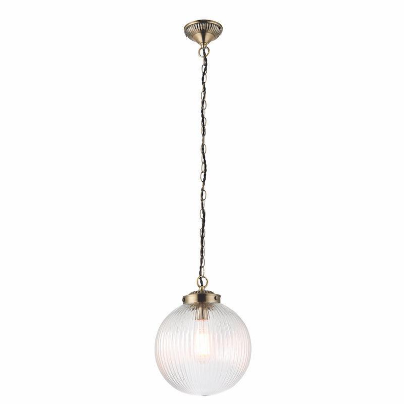 Brydon 1 Light Pendant Ribbed Glass & Antique Brass - 25cm-Ceiling Pendant Lights-Endon Lighting Hallway Lighting Family Image Tiffany Lighting Direct