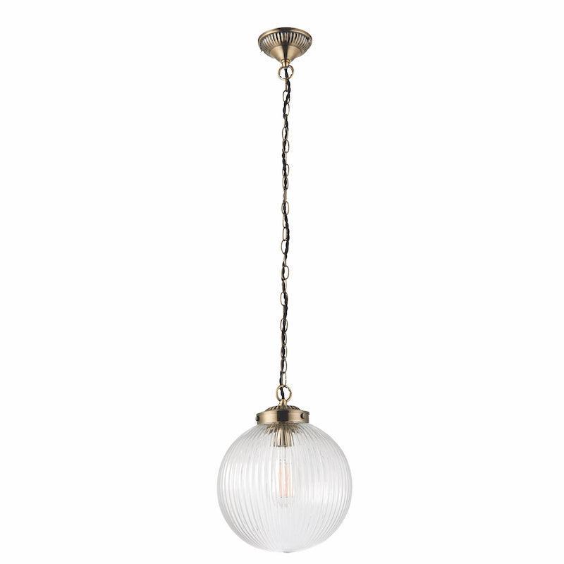 Brydon 1 Light Pendant Ribbed Glass & Antique Brass - 25cm-Ceiling Pendant Lights-Endon Lighting Bedrooom Lighting close up Tiffany Lighting Direct