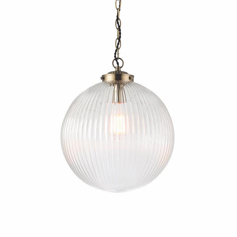 Brydon 1 Light Clear Ribbed Glass & Brass Pendant - 35cm-Ceiling Pendant Lights-Endon Lighting Bedrooom Lighting close up Tiffany Lighting Direct