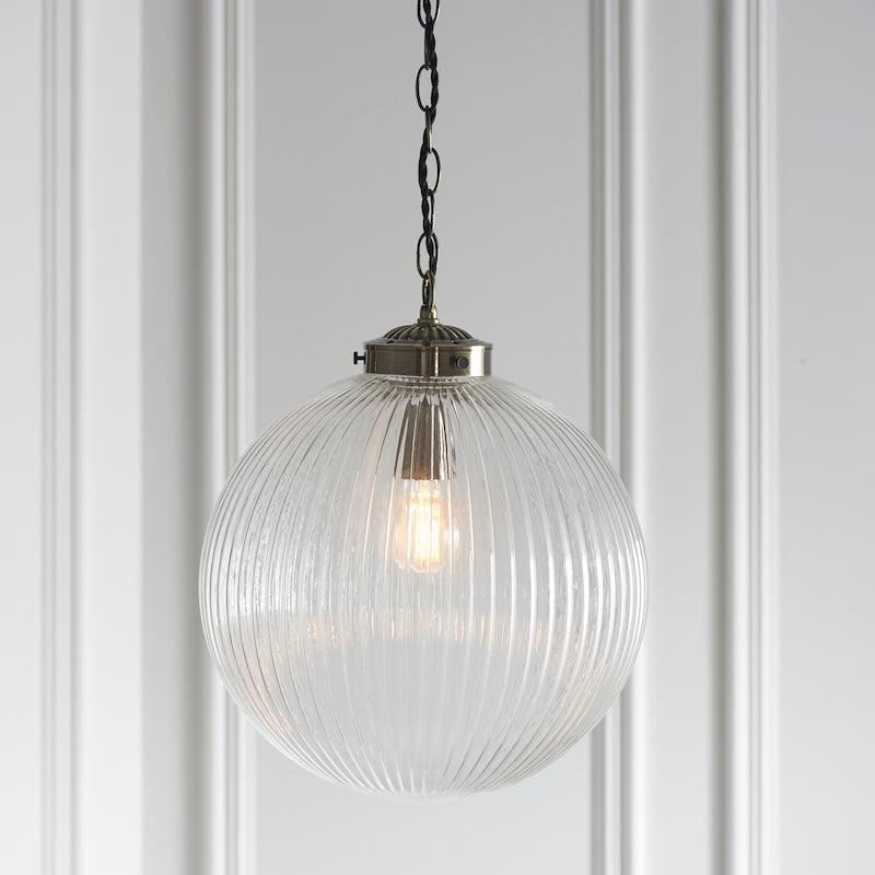 Brydon 1 Light Clear Ribbed Glass & Brass Pendant - 35cm-Ceiling Pendant Lights-Endon Lighting Living Room Close Up Lighting Tiffany Lighting Direct