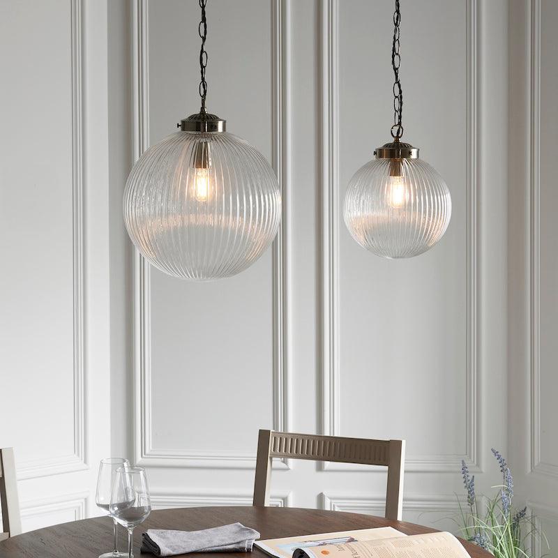 Brydon 1 Light Clear Ribbed Glass & Brass Pendant - 35cm-Ceiling Pendant Lights-Endon Lighting living room close up Tiffany Lighting Direct