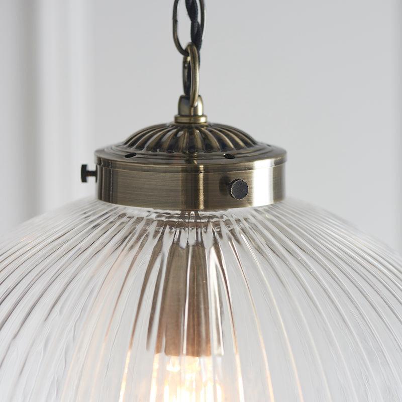 Brydon 1 Light Clear Ribbed Glass & Brass Pendant - 35cm-Ceiling Pendant Lights-Endon Lighting hallway lighting photo Tiffany Lighting Direct