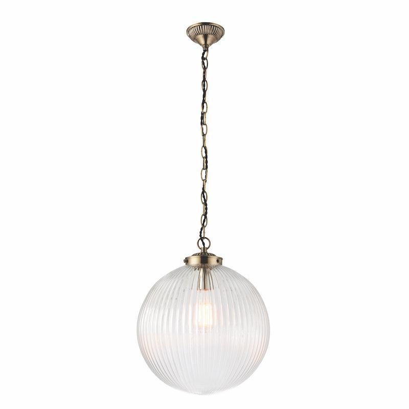 Brydon 1 Light Clear Ribbed Glass & Brass Pendant - 35cm-Ceiling Pendant Lights-Endon Lighting Hallway Lighting Close upTiffany Lighting Direct