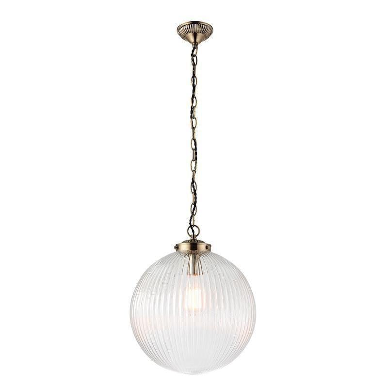 Tiffany Lamps & Lighting Brydon 1LT Clear Ribbed Glass & Antique Brass Pendant Ceiling Light 71124by Endon